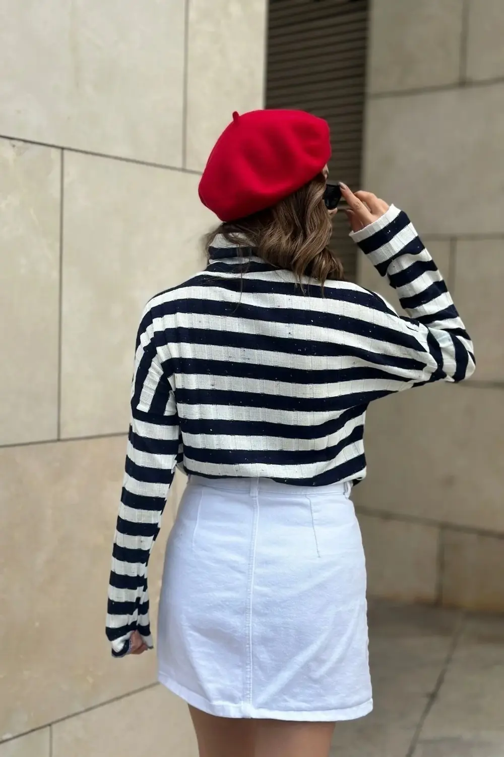 Kadın Lacivert Ekru Çizgili Uzun Kol Fitilli Kırçıllı İnce Triko