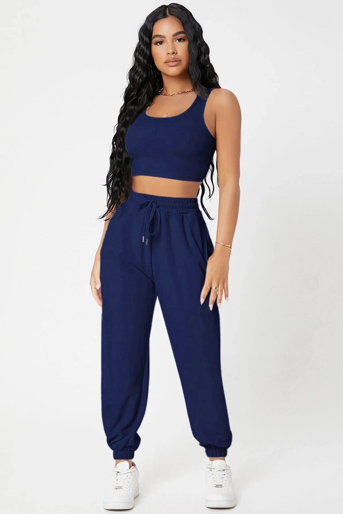 Kadın Lacivert Kaşkorse Cepli Jogger Eşofman Altı Ve Crop Top Blu