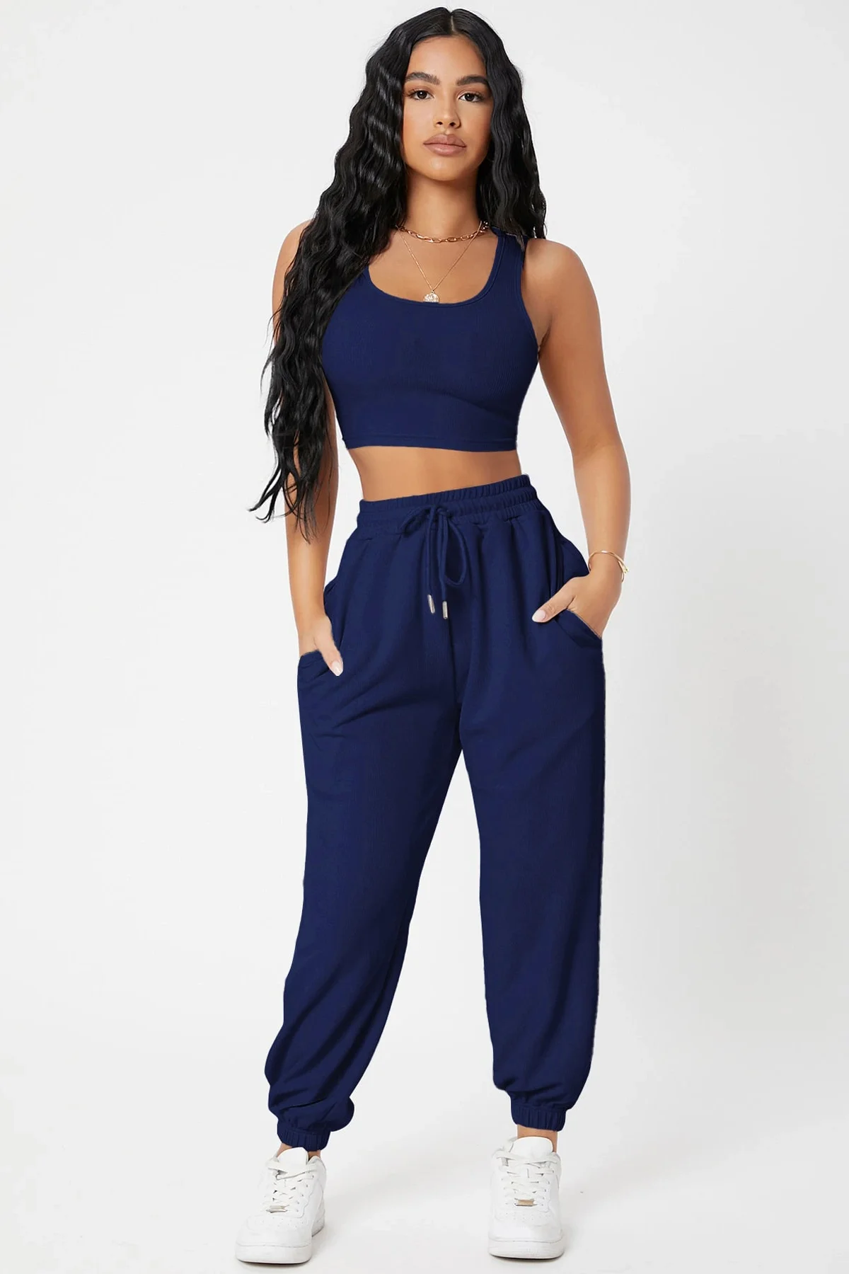 Kadın Lacivert Kaşkorse Cepli Jogger Eşofman Altı Ve Crop Top Blu