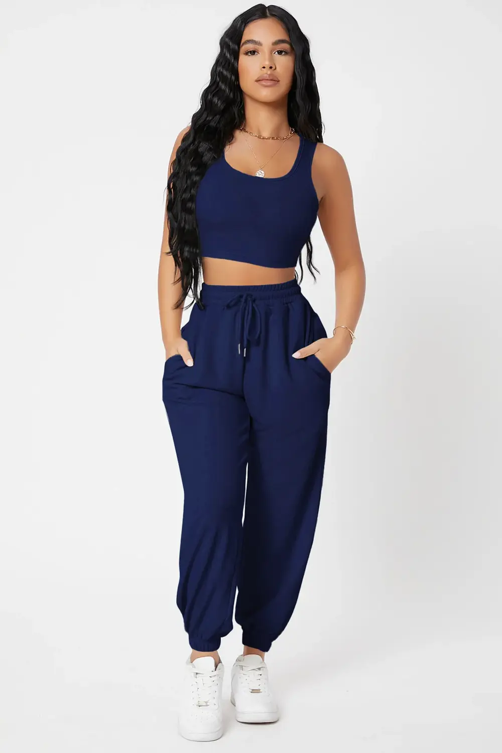 Kadın Lacivert Kaşkorse Cepli Jogger Eşofman Altı Ve Crop Top Blu