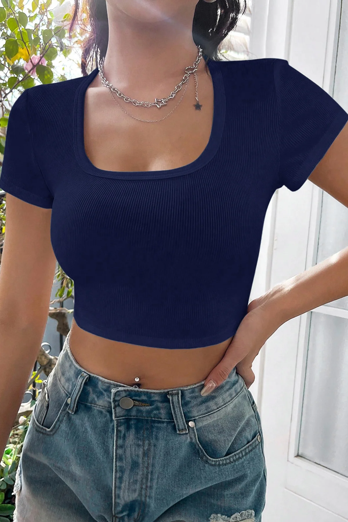 Kadın Lacivert Yarım Kol Düz Yaka Crop Top Bluz Kadın Lacivert Yarım Kol Düz Yaka Crop Top Bluz