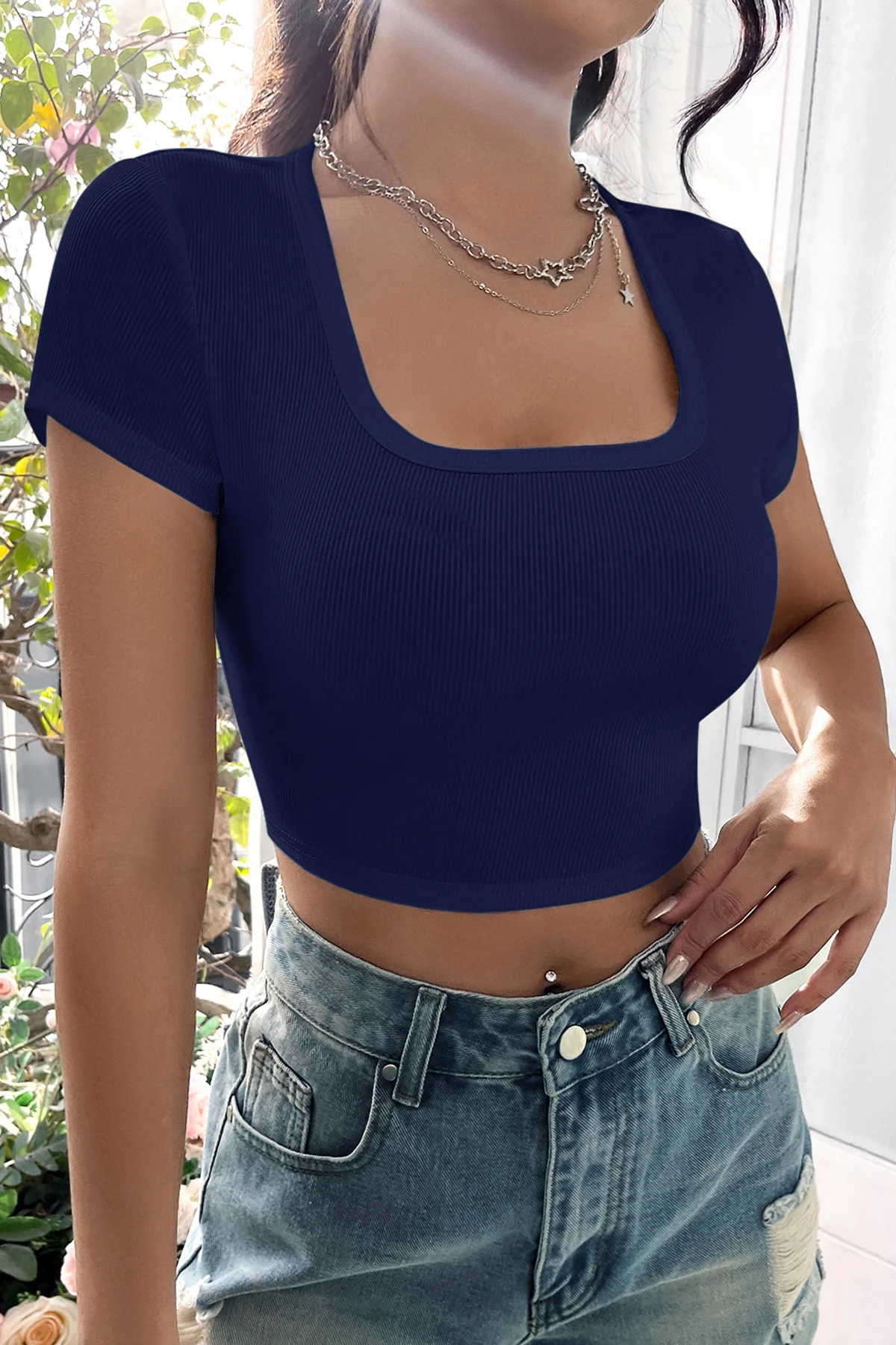 Kadın Lacivert Yarım Kol Düz Yaka Crop Top Bluz Kadın Lacivert Yarım Kol Düz Yaka Crop Top Bluz