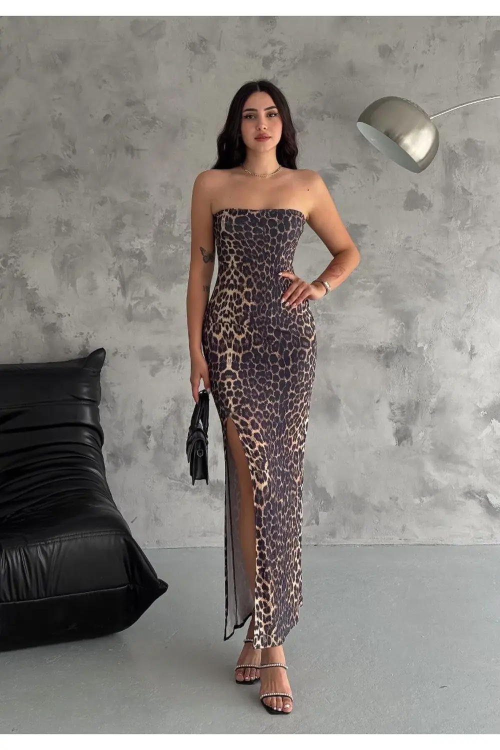 Fiolin Kadın Leopar Derin Yırtmaçlı Elbise