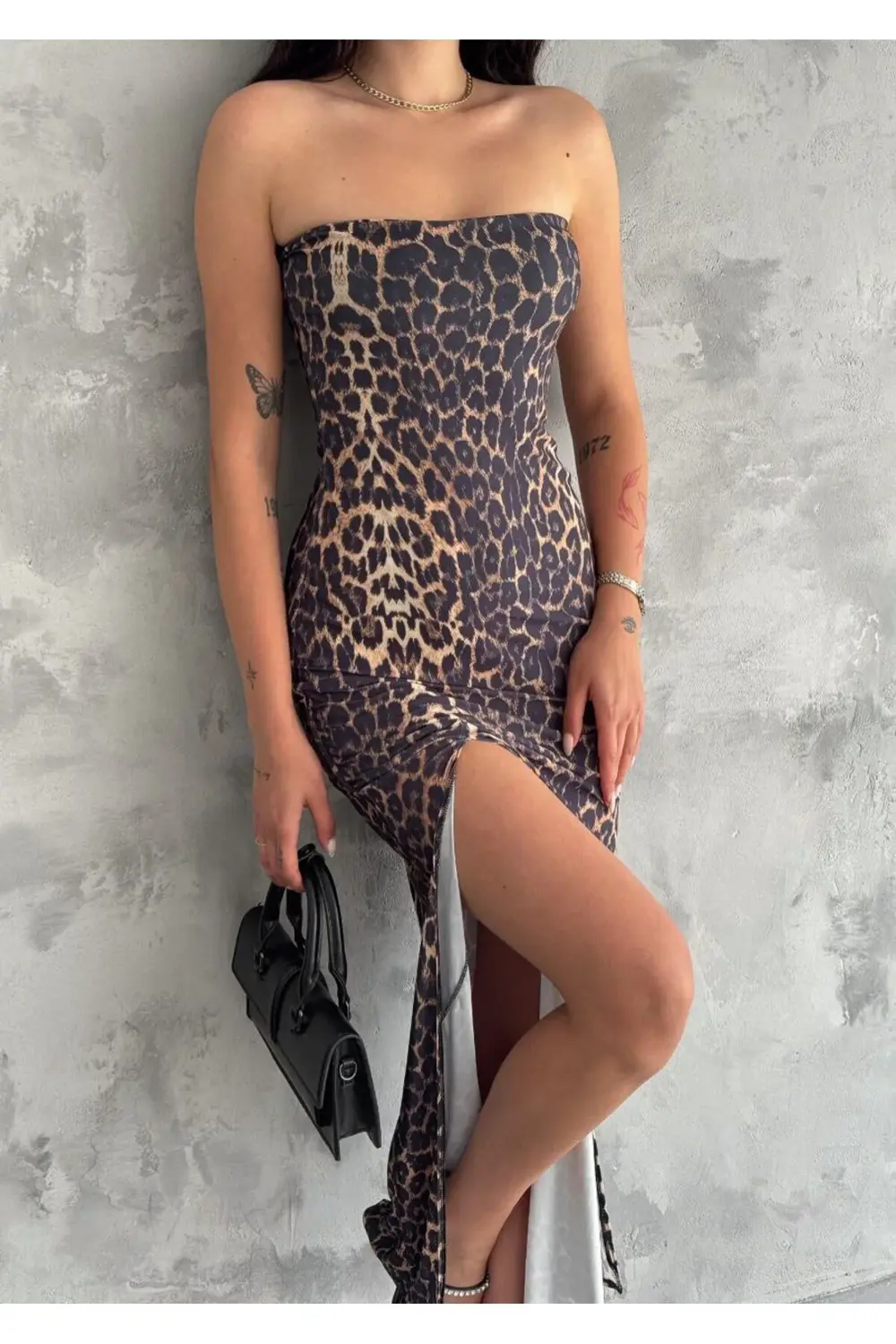 Fiolin Kadın Leopar Derin Yırtmaçlı Elbise