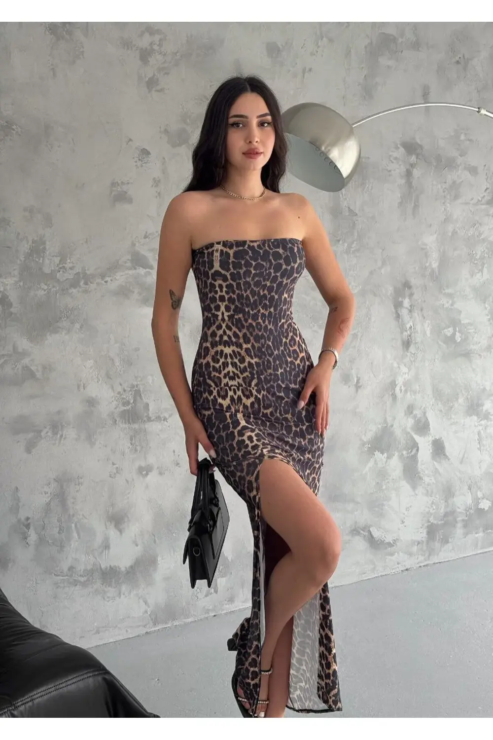 Fiolin Kadın Leopar Derin Yırtmaçlı Elbise