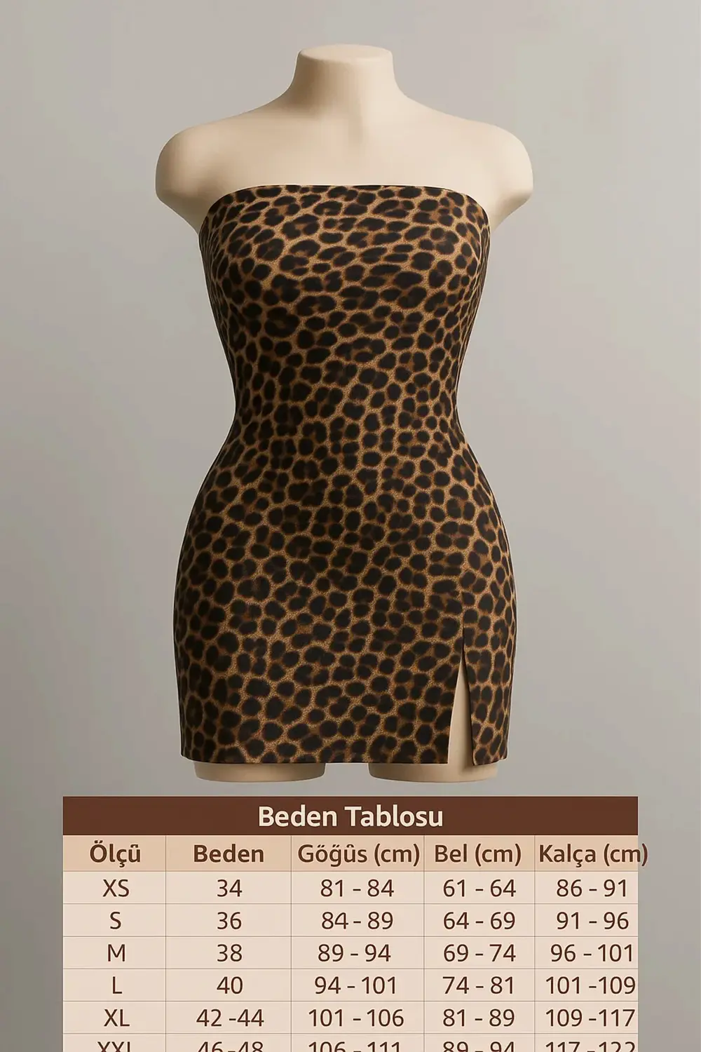 Fiolin Kadın Leopar Desenli Straplez Yırtmaçlı Mini Elbise