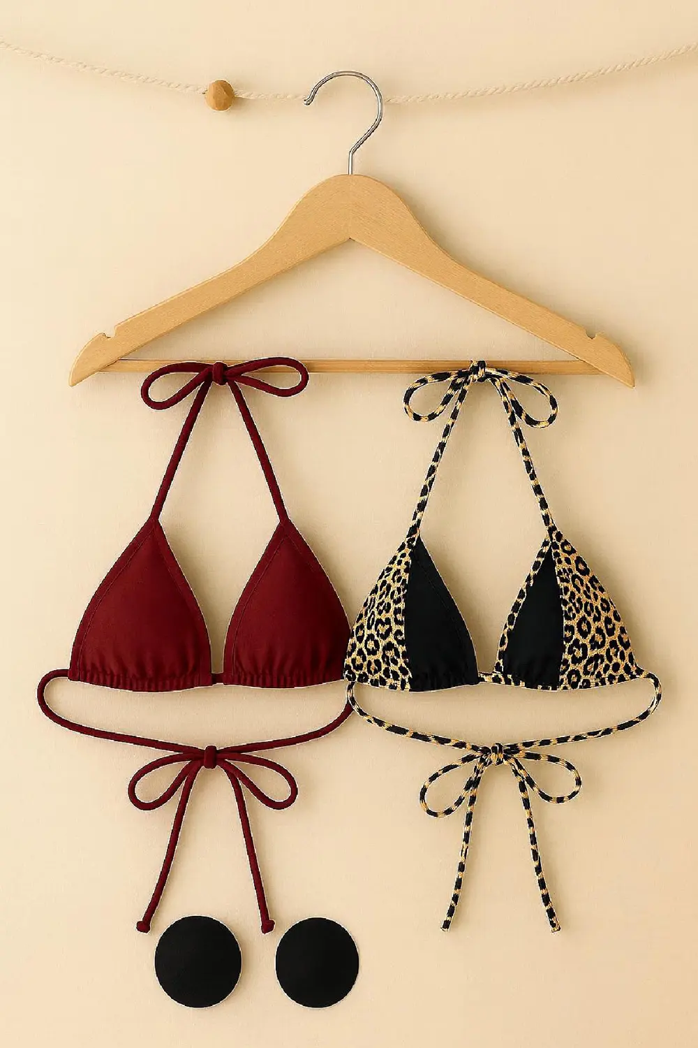 Kadın Leopar Desenli ve Bordo Minimal Kesim Üçgen Bikini Üstü – M