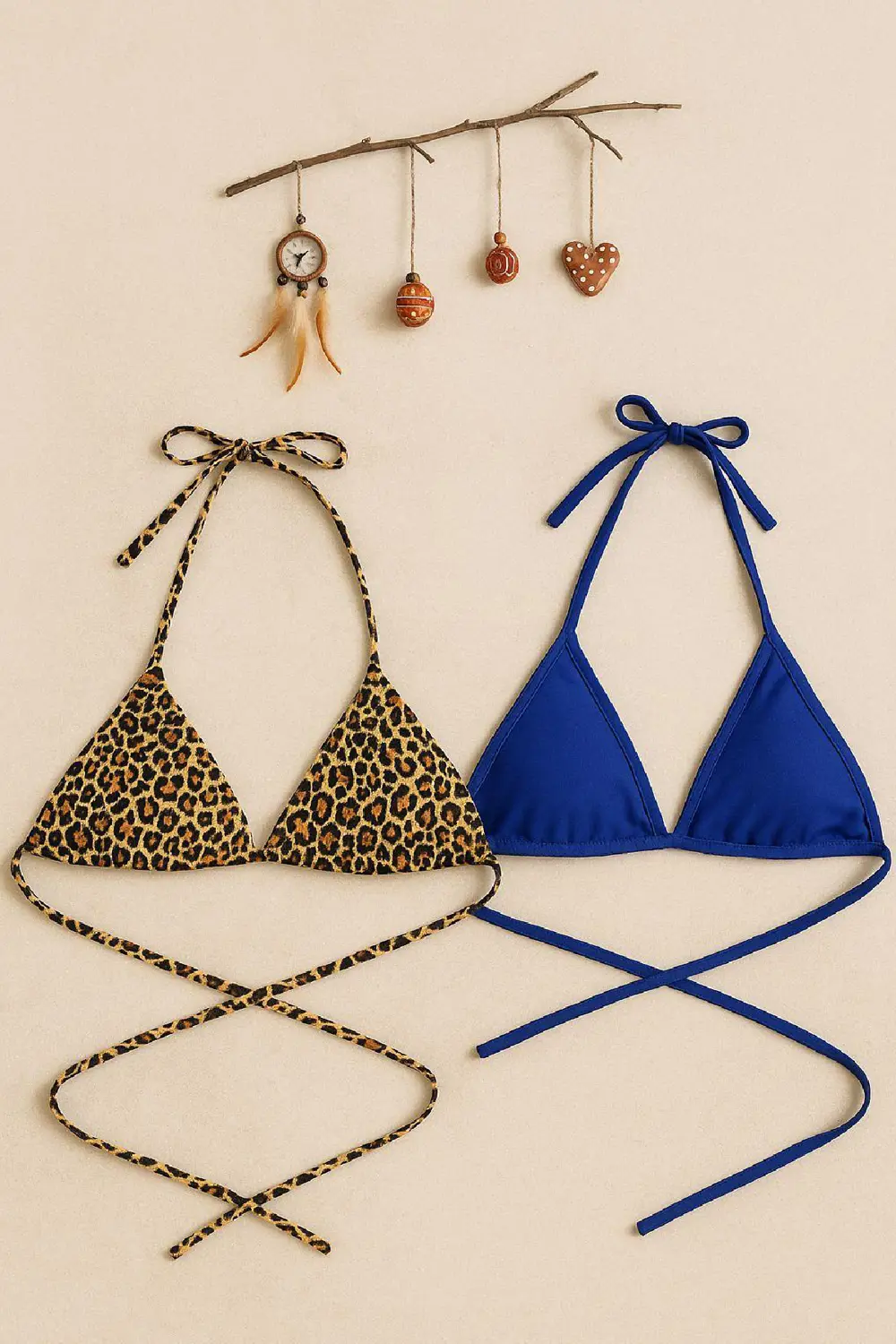 Kadın Leopar Desenli ve Mavi Minimal Kesim Üçgen Bikini Üstü – Mo