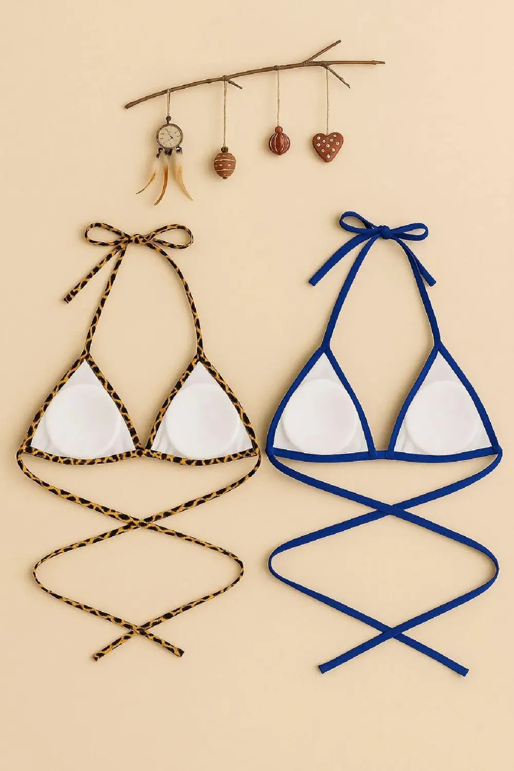 Kadın Leopar Desenli Ve Mavi Minimal Kesim Üçgen Bikini Üstü