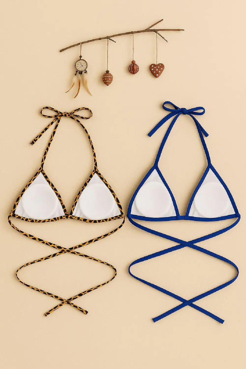 Kadın Leopar Desenli ve Mavi Minimal Kesim Üçgen Bikini Üstü – Mo