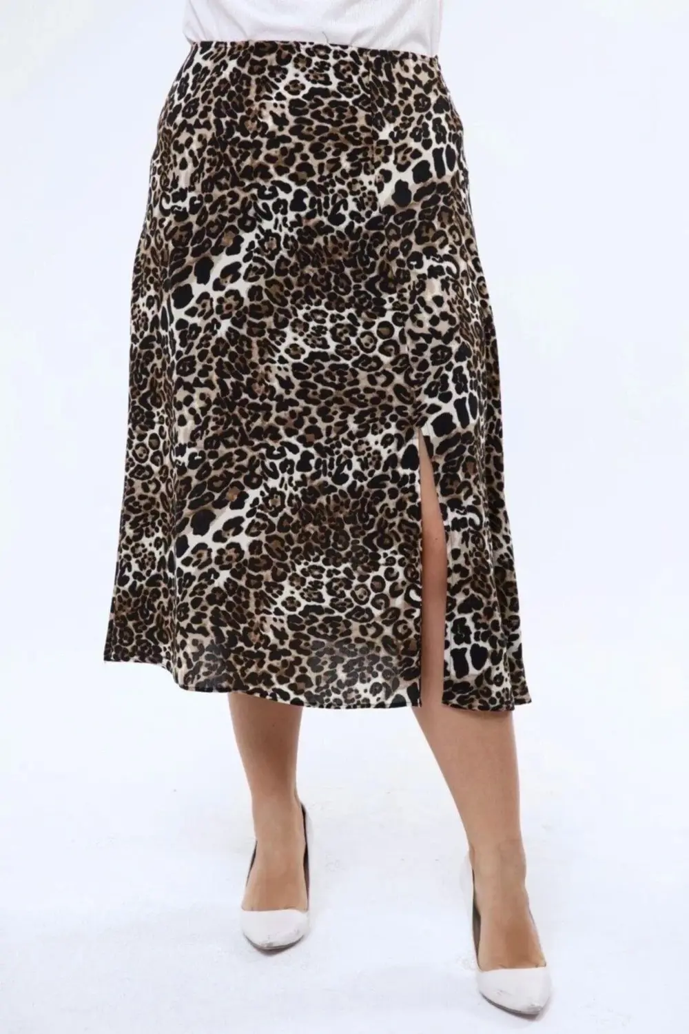 Kadın Leopar Desenli Yırtmaç Detaylı Yazlık Midi Büyük Beden Etek