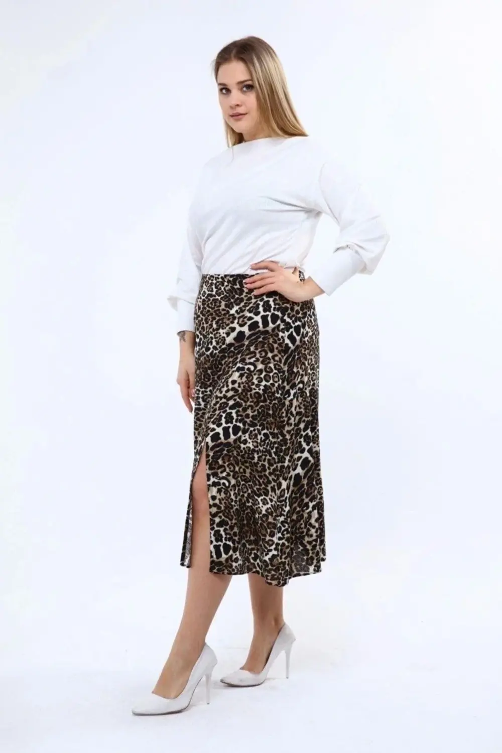 Kadın Leopar Desenli Yırtmaç Detaylı Yazlık Midi Büyük Beden Etek