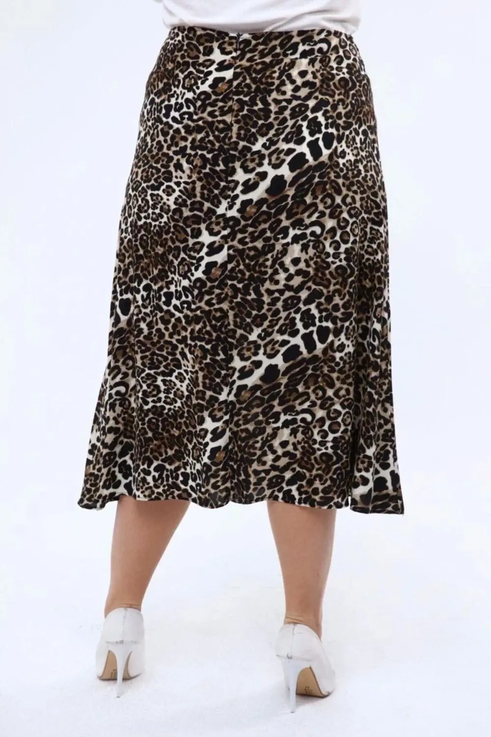 Kadın Leopar Desenli Yırtmaç Detaylı Yazlık Midi Büyük Beden Etek