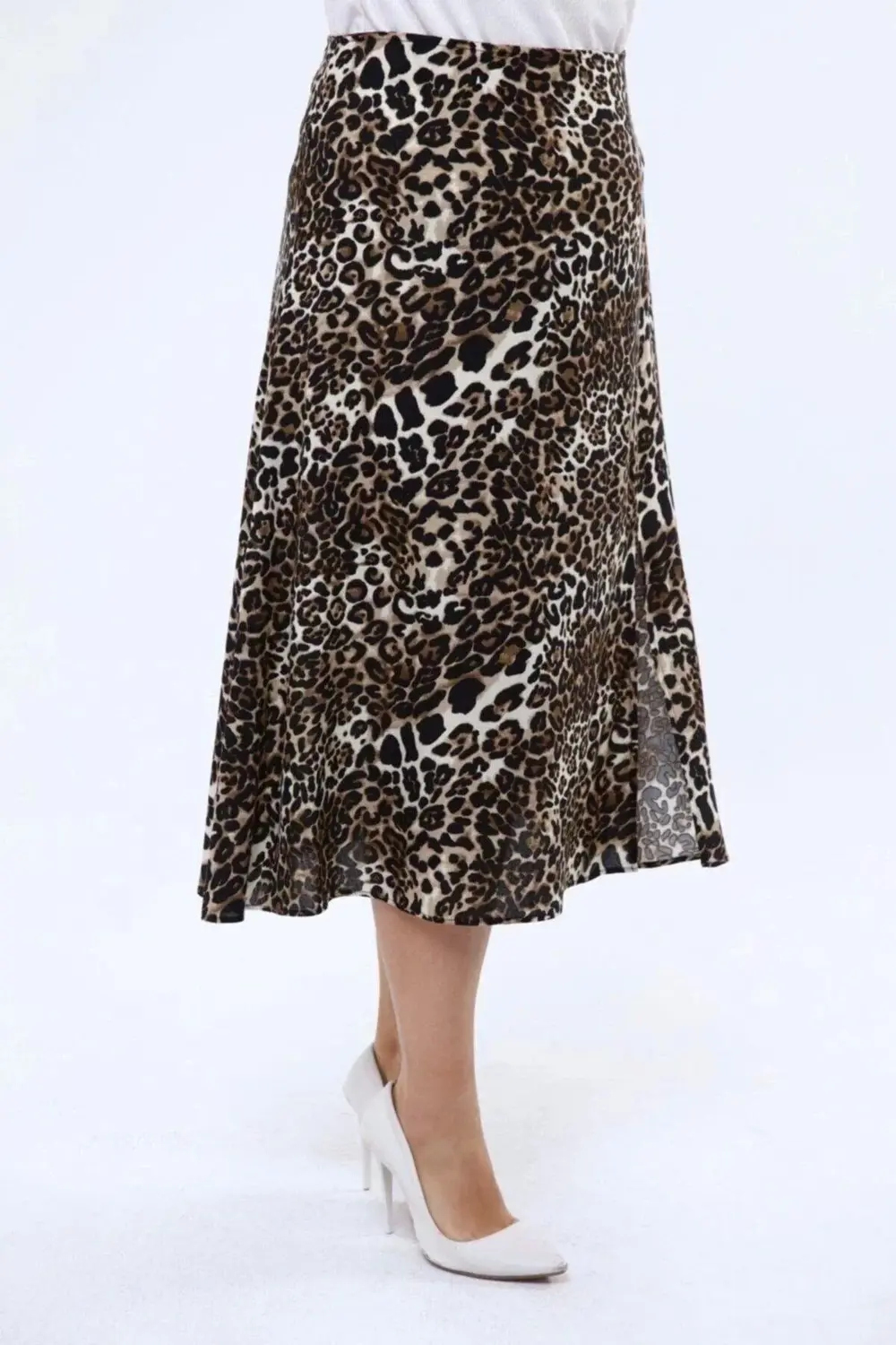 Kadın Leopar Desenli Yırtmaç Detaylı Yazlık Midi Büyük Beden Etek