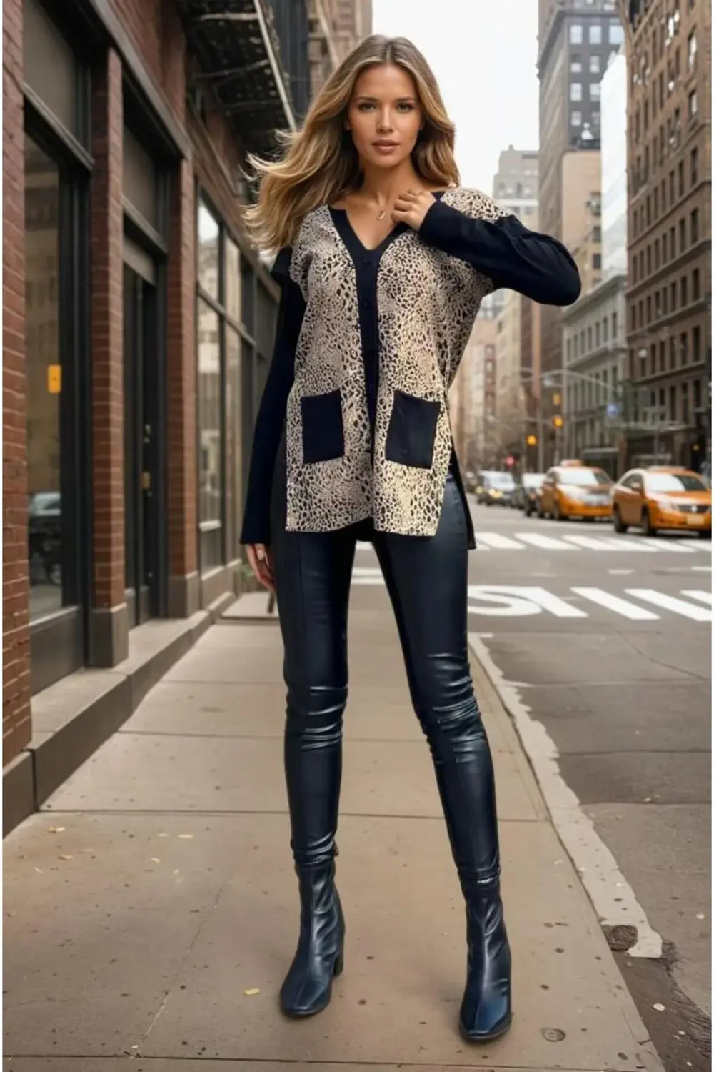 Kadın Leopar Desenli Yırtmaçlı Siyah Hırka 3679300