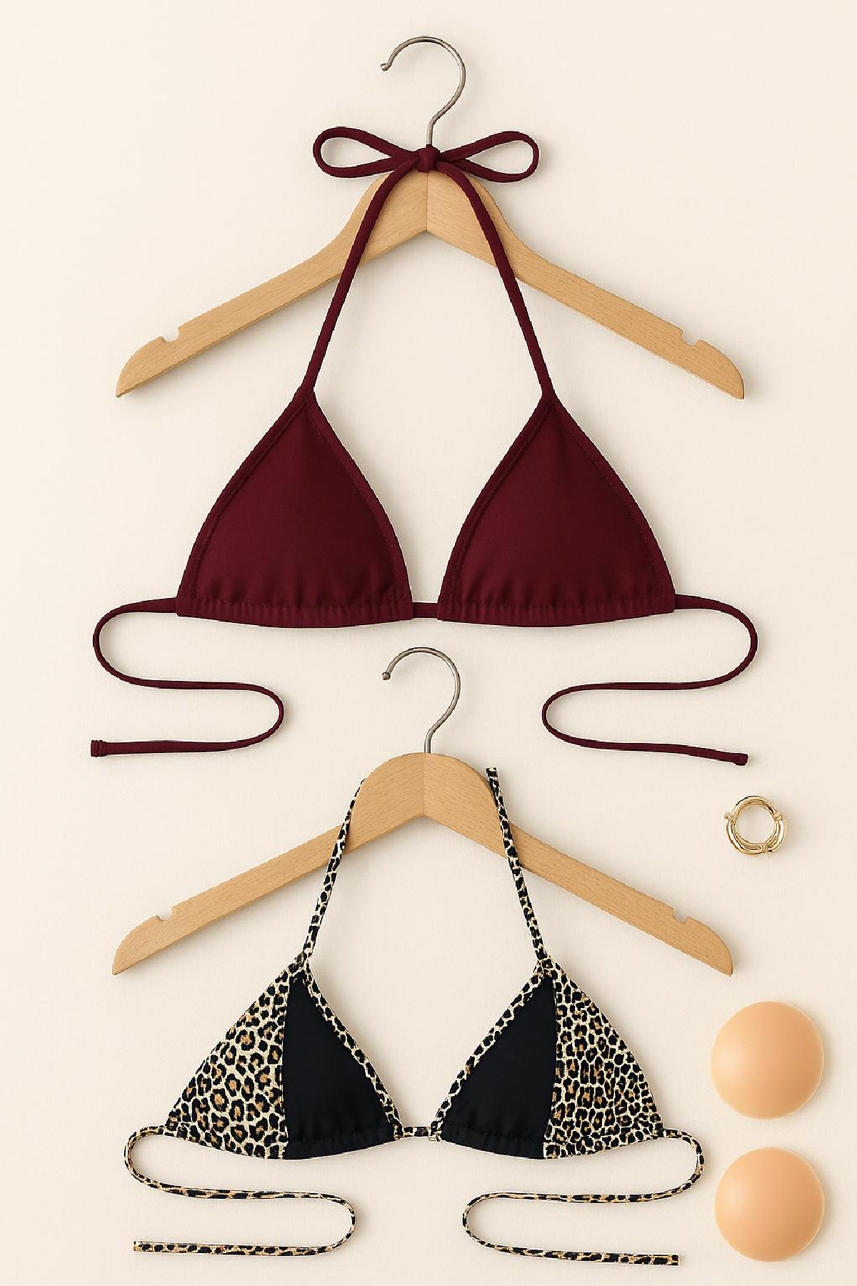 Kadın Leopar Desenli ve Bordo Minimal Kesim Üçgen Bikini Üstü – M