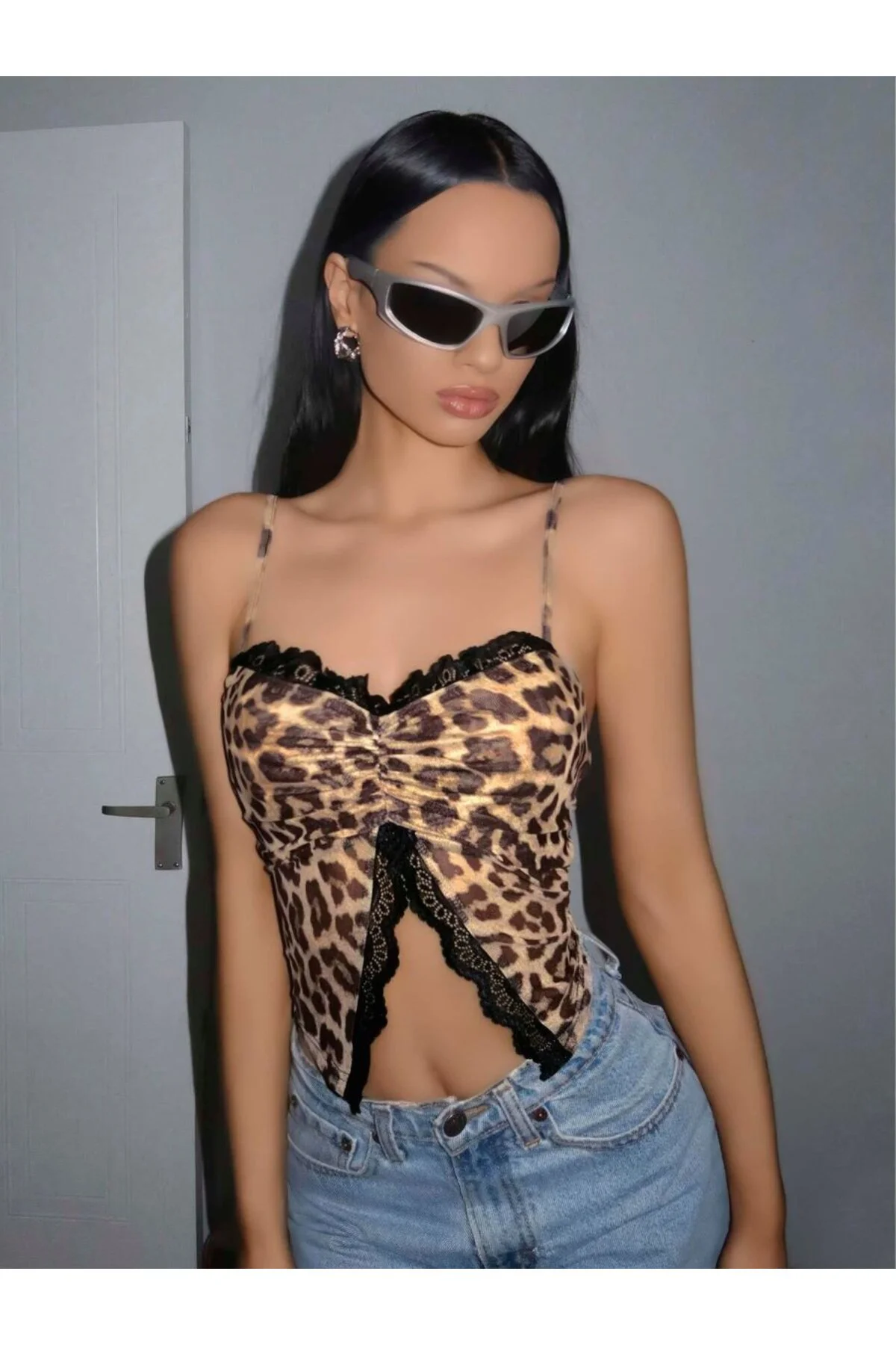 Kadın Leopar Desenli Crop Önden Dantel detaylı 5095