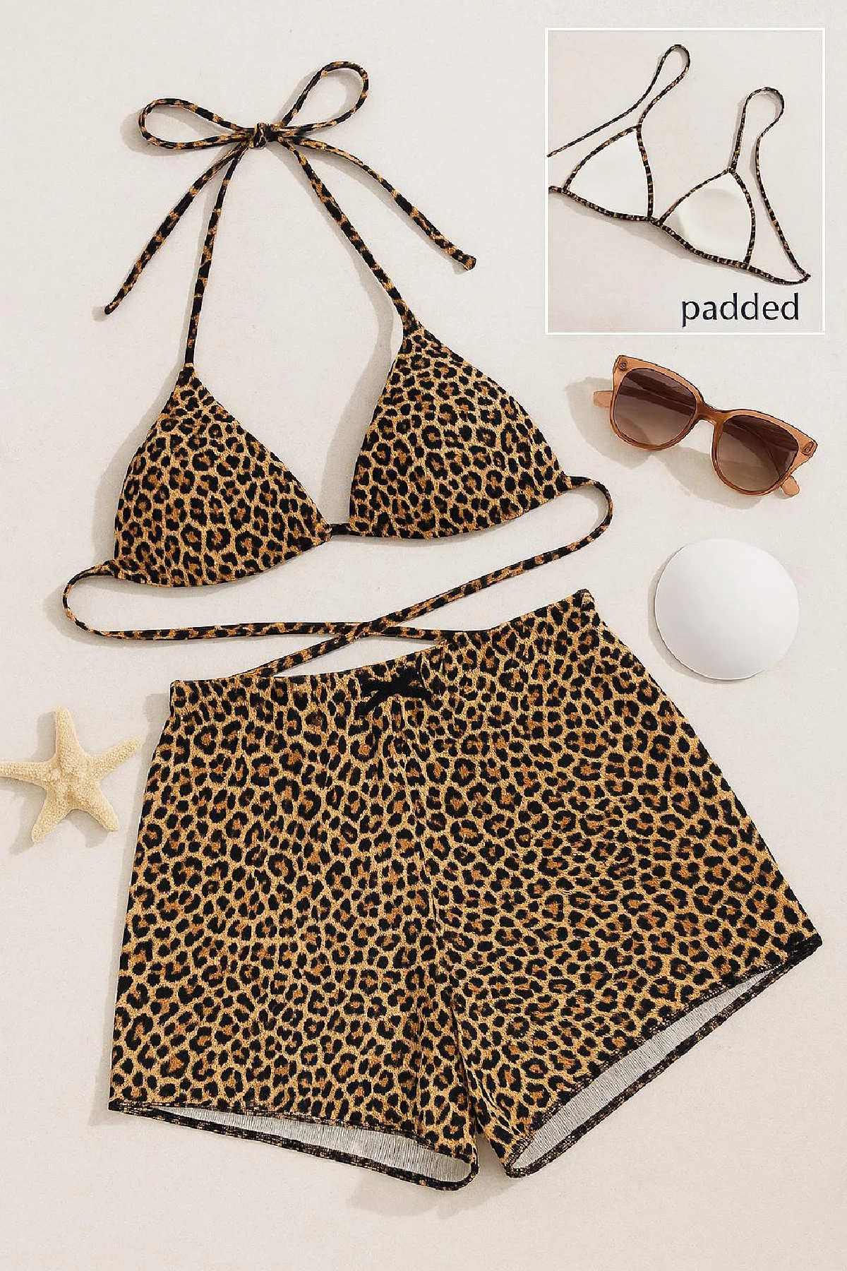 Kadın Leopar Desenli Şortlu Belden ve Boyundan Bağlamalı Bikini Takımı - Şık ve Rahat Plaj Bikinis Fiyatı, Yorumları ve Özellikleri