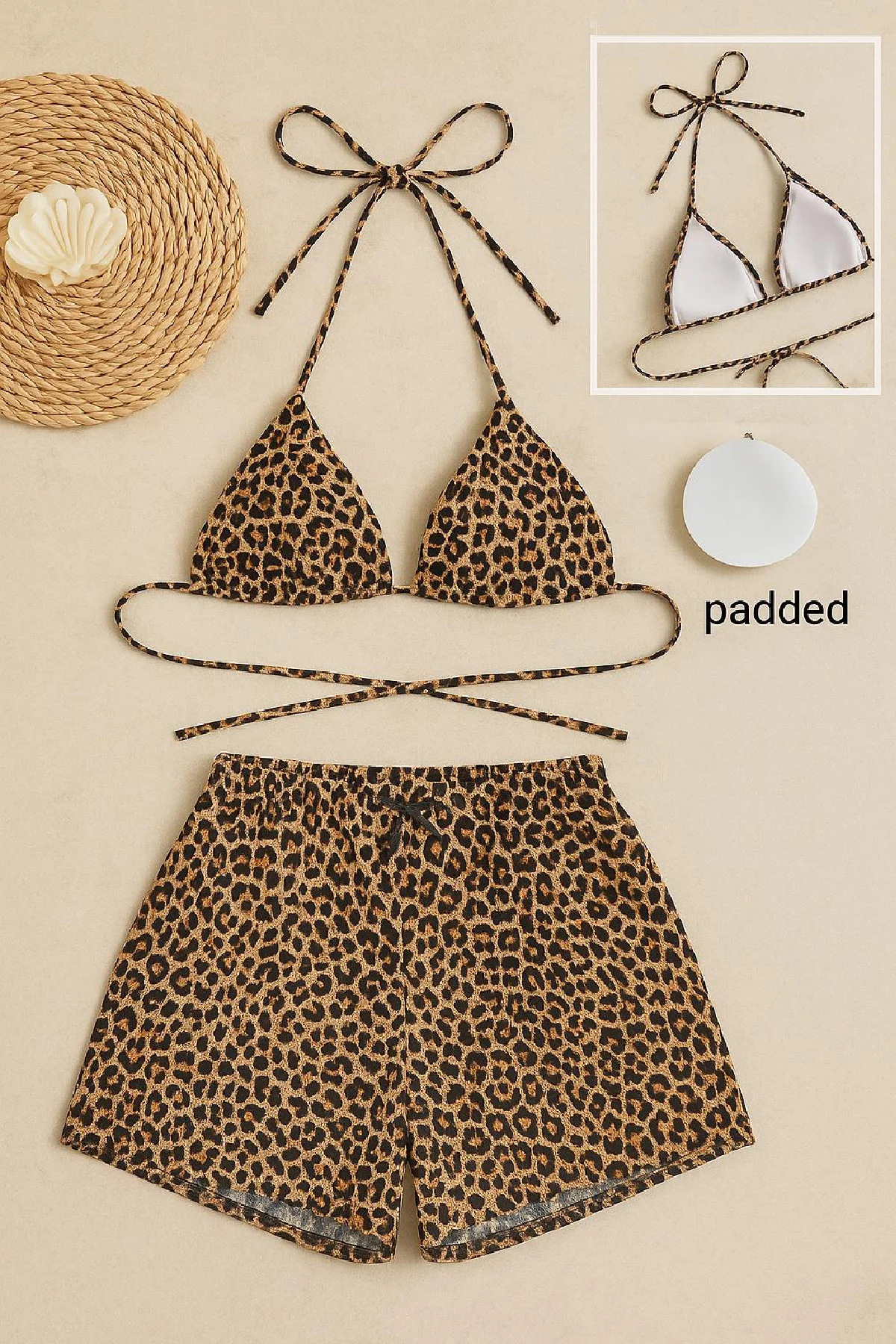 Kadın Leopar Desenli Şortlu Belden ve Boyundan Bağlamalı Bikini Takımı - Şık ve Rahat Plaj Bikinis Fiyatı, Yorumları ve Özellikleri