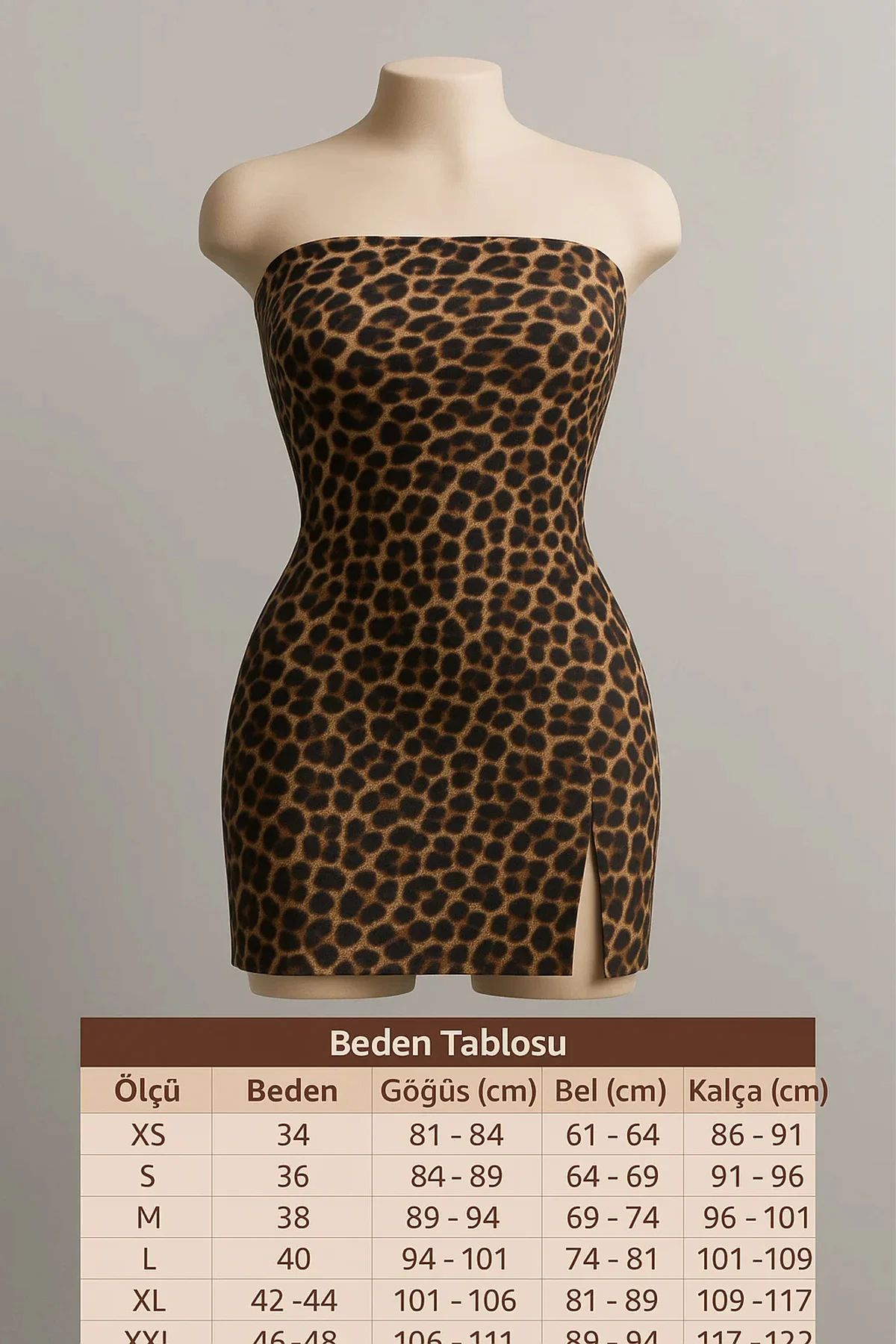 Kadın Leopar Desenli Straplez Yırtmaçlı Mini Elbise