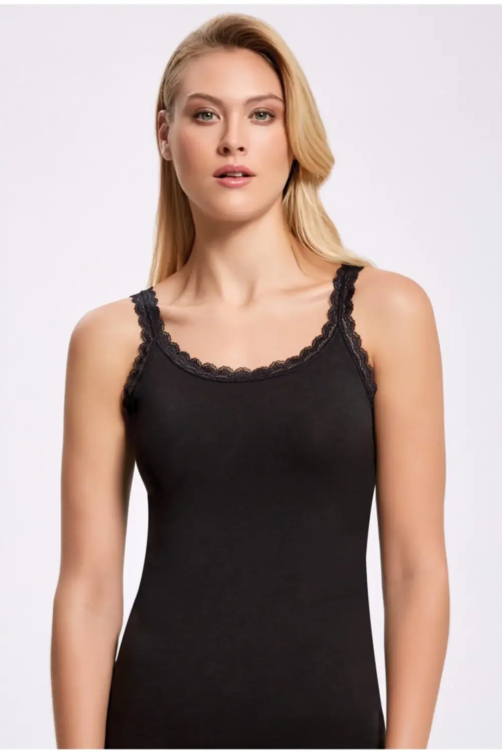 Kadın Likralı Askısı Dantel Atlet Siyah