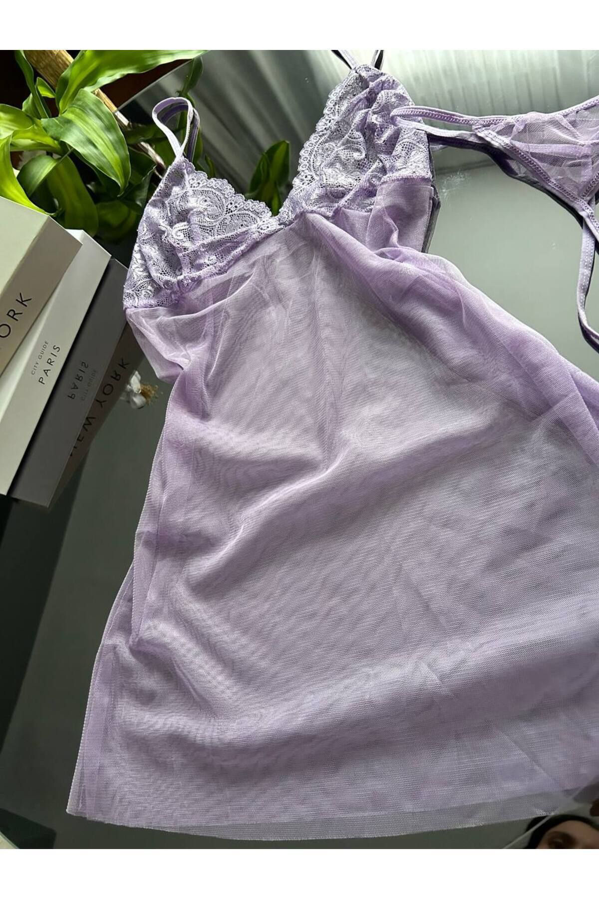 Kadın Lila İnce Askılı Dantel Detaylı Transparan Seksi Mini Tül Gecelik ve Tanga Çeyiz Takımı