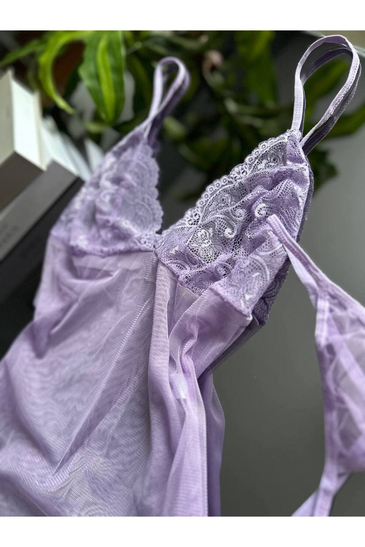 Kadın Lila İnce Askılı Dantel Detaylı Transparan Seksi Mini Tül Gecelik ve Tanga Çeyiz Takımı