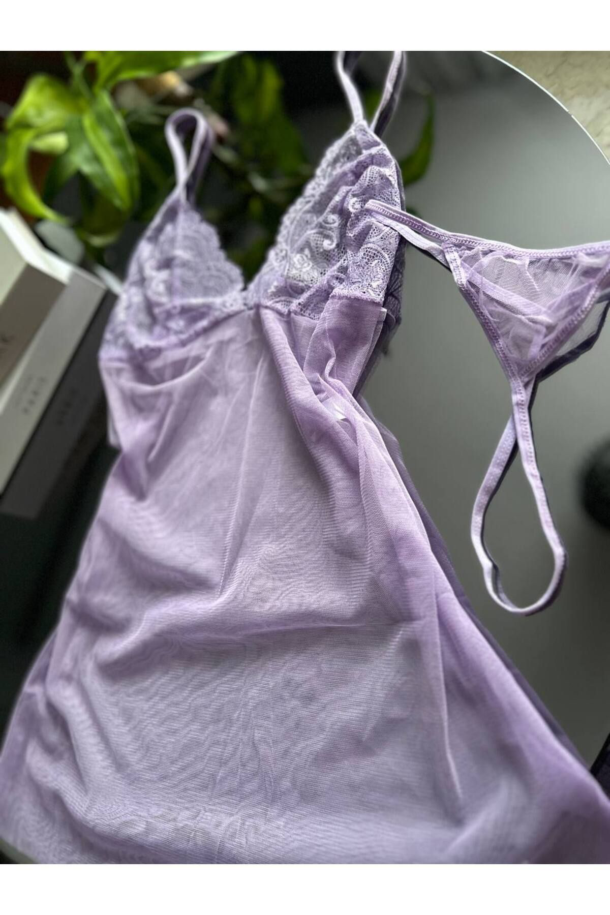 Kadın Lila İnce Askılı Dantel Detaylı Transparan Seksi Mini Tül Gecelik ve Tanga Çeyiz Takımı