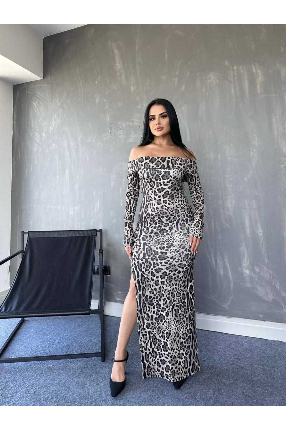 Kadın Madonna Yaka Dalgıç Kumaş Leopar Desen Maxi Boy Derin Yırtm