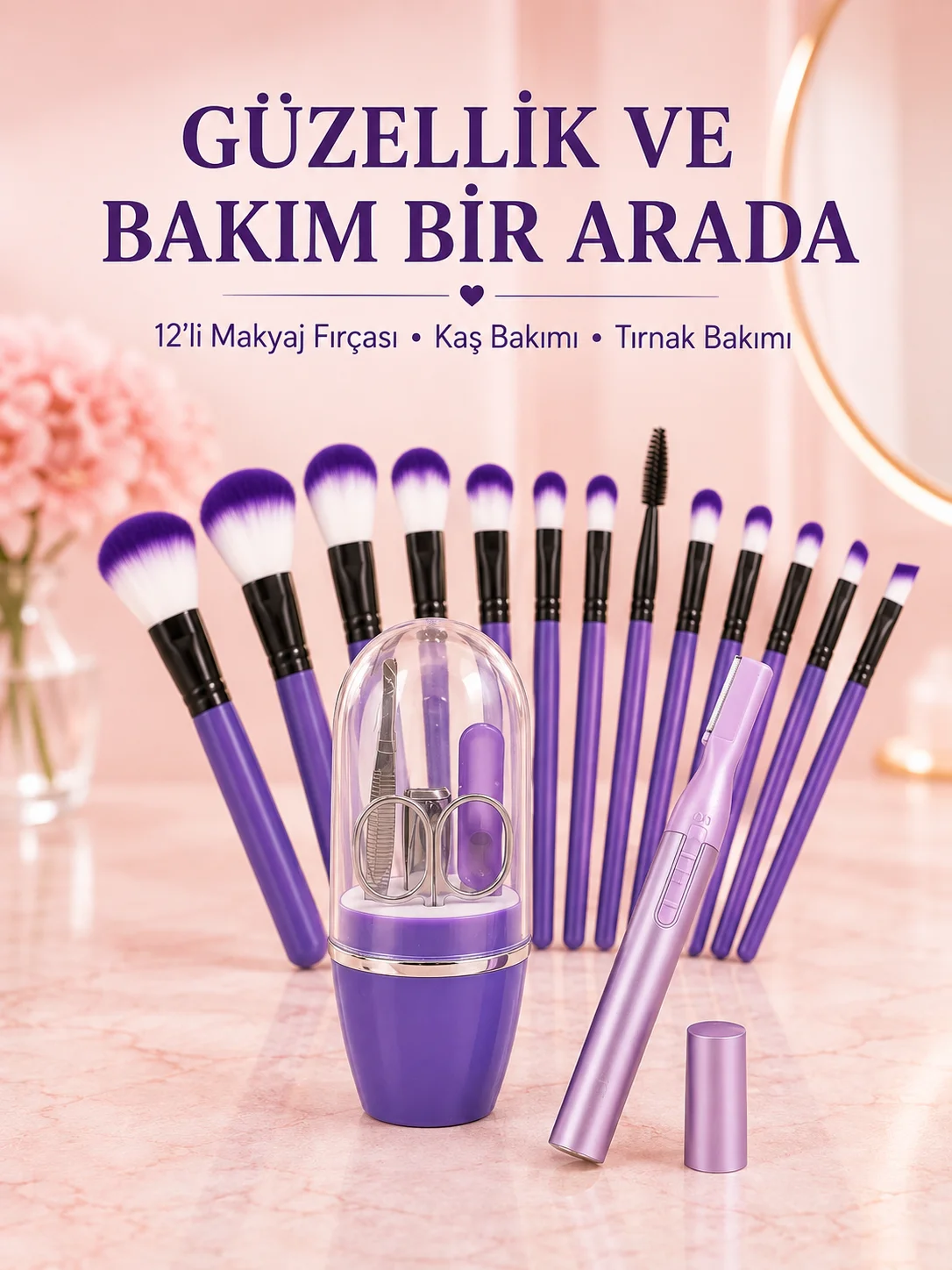 Kadın Makyaj ve Kişisel Bakım Seti 12’li Mor Makyaj Fırçası Kaş Düzeltici ve Manikür Tırnak Bakım Seti Fiyatı, Yorumları ve Özellikleri