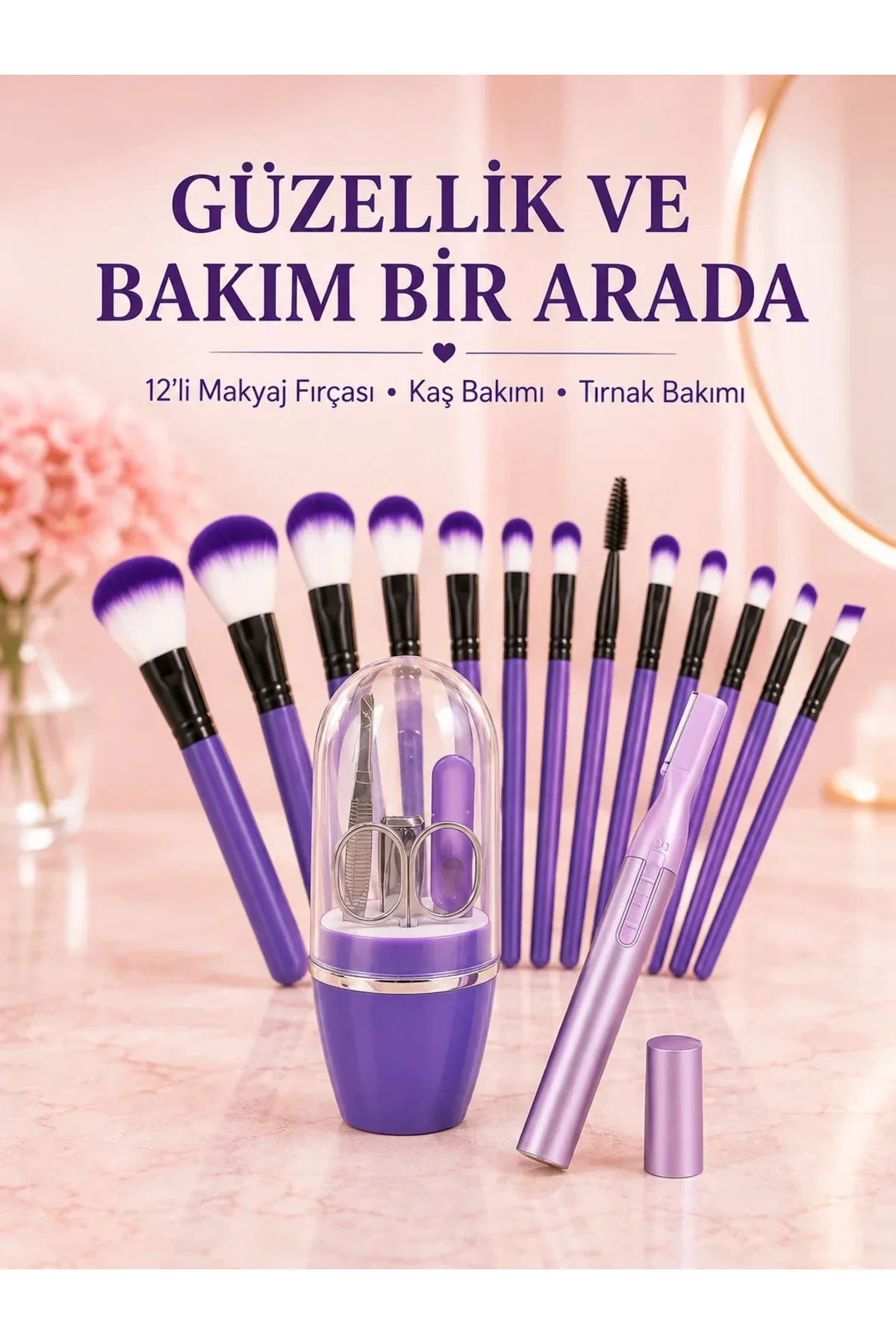 Kadın Makyaj ve Kişisel Bakım Seti 12’li Mor Makyaj Fırçası Kaş Düzeltici ve Manikür Tırnak Bakım Se Kadın Makyaj ve Kişisel Bakım Seti 12’li Mor Makyaj Fırçası Kaş Düzeltici ve Manikür Tırnak Bakım Se