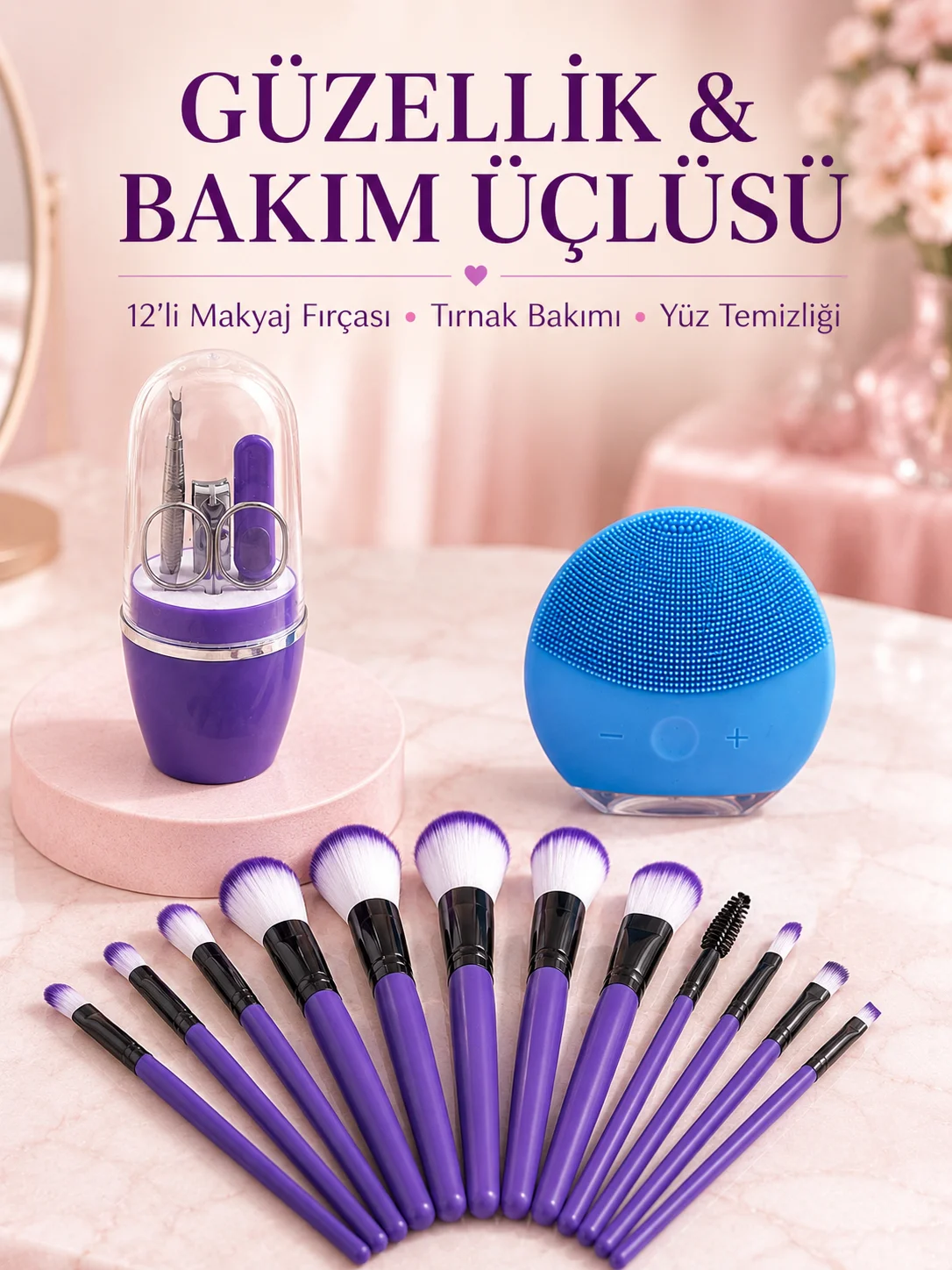 Kadın Makyaj ve Kişisel Bakım Seti 12 Parça Makyaj Fırçası Silikon Yüz Temizleyici Manikür Pedikür Tırnak Seti Fiyatı, Yorumları ve Özellikleri