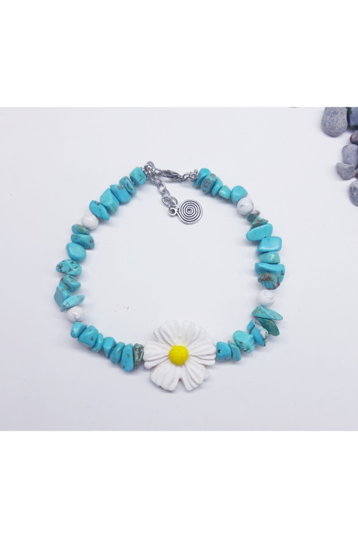 Dodemert Home Kadın Mavi Beyaz Papatya Polimer Kil Ve Doğal Taş Tasarım Halhal