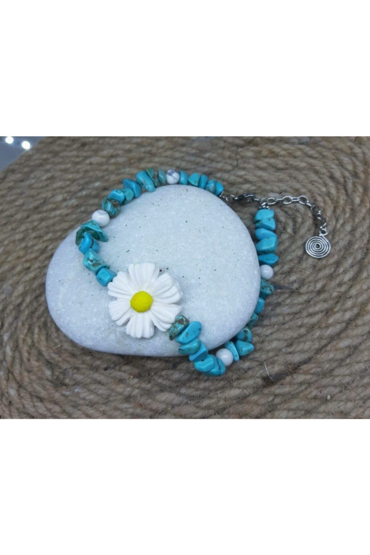 Dodemert Home Kadın Mavi Beyaz Papatya Polimer Kil Ve Doğal Taş Tasarım Halhal