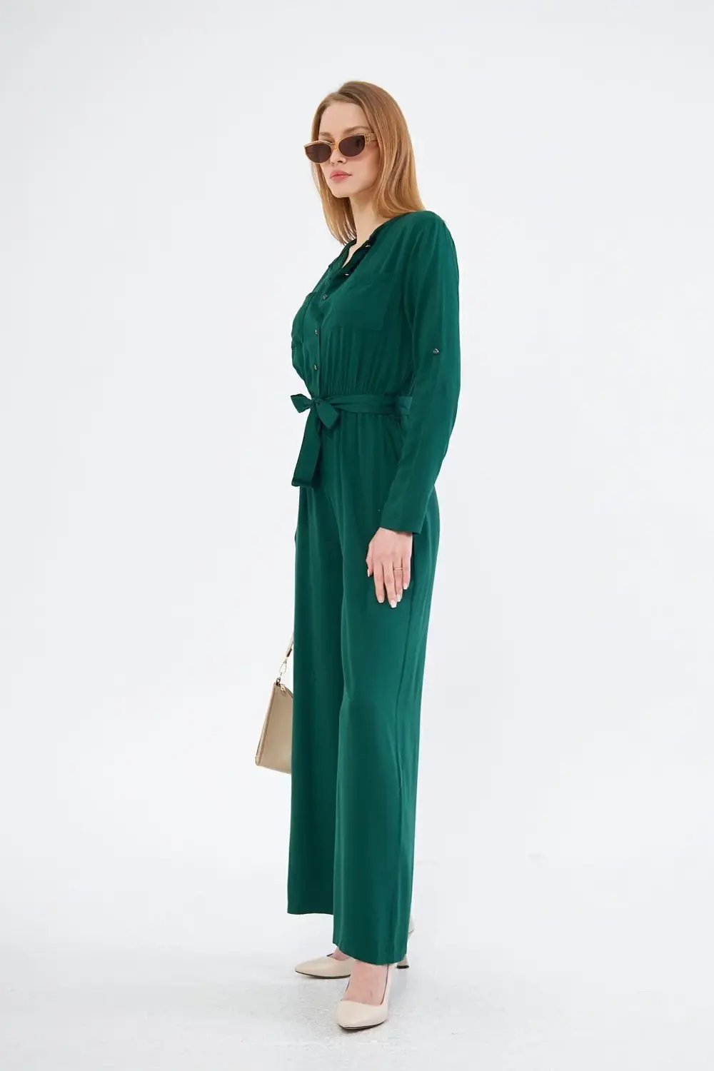 Kadın Mavi Cepli Beli Lastikli Kemerli Uzun Kollu Yuvarlak Yaka D