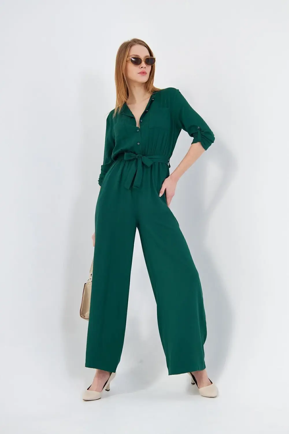 Kadın Mavi Cepli Beli Lastikli Kemerli Uzun Kollu Yuvarlak Yaka D