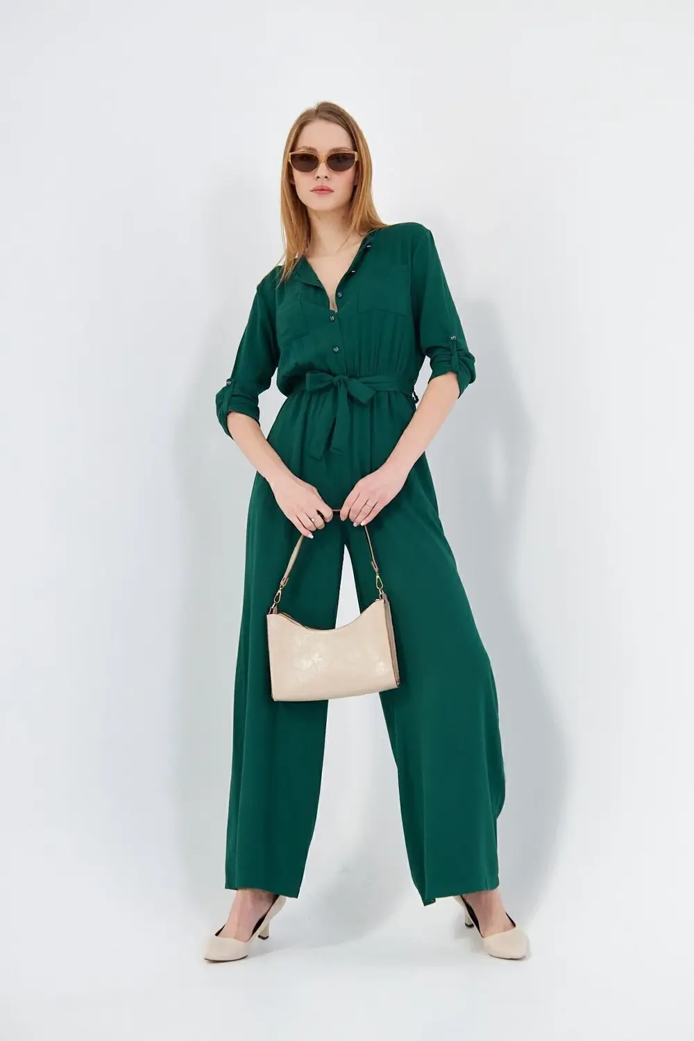 Kadın Mavi Cepli Beli Lastikli Kemerli Uzun Kollu Yuvarlak Yaka D