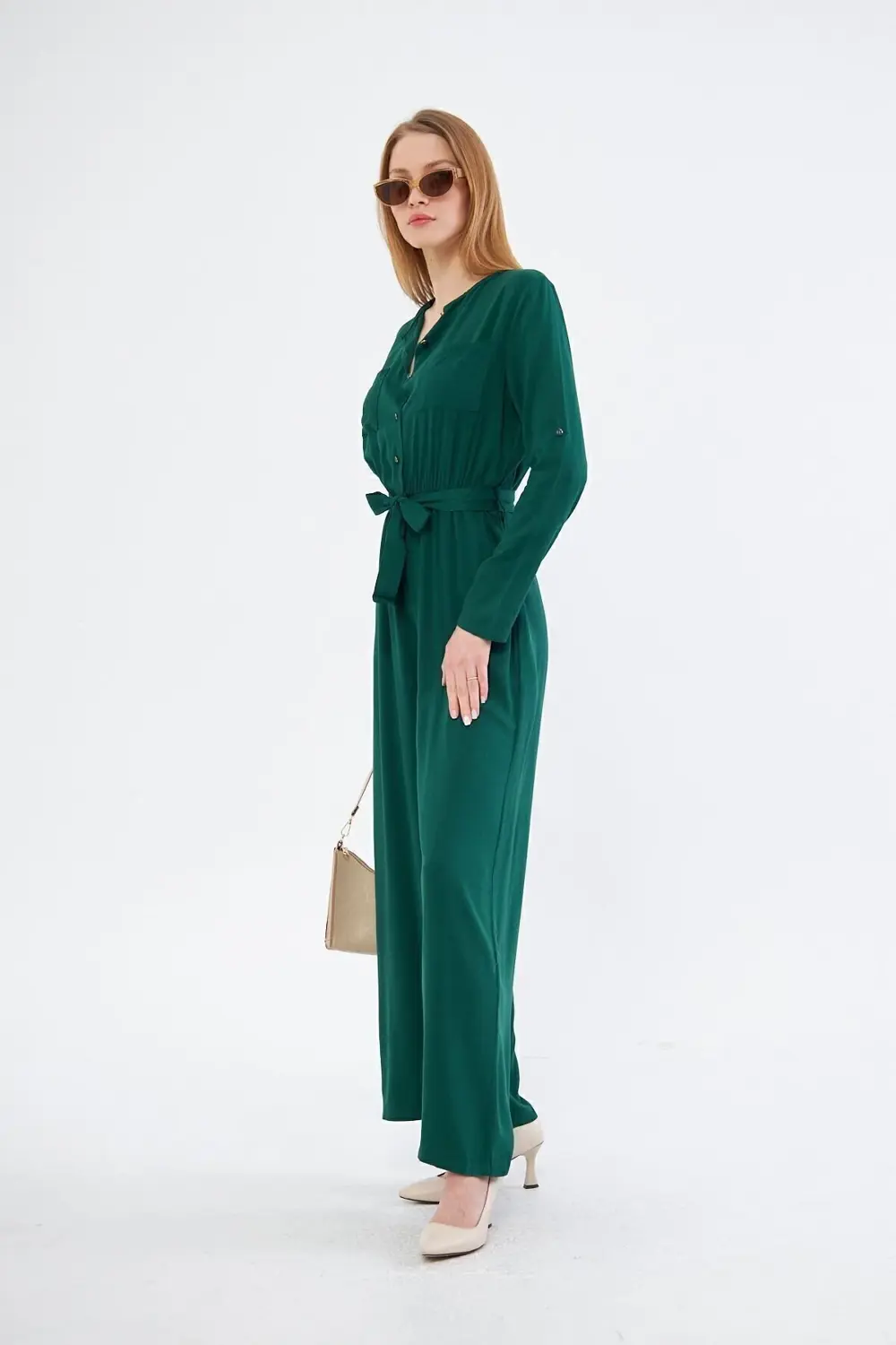 Kadın Mavi Cepli Beli Lastikli Kemerli Uzun Kollu Yuvarlak Yaka D