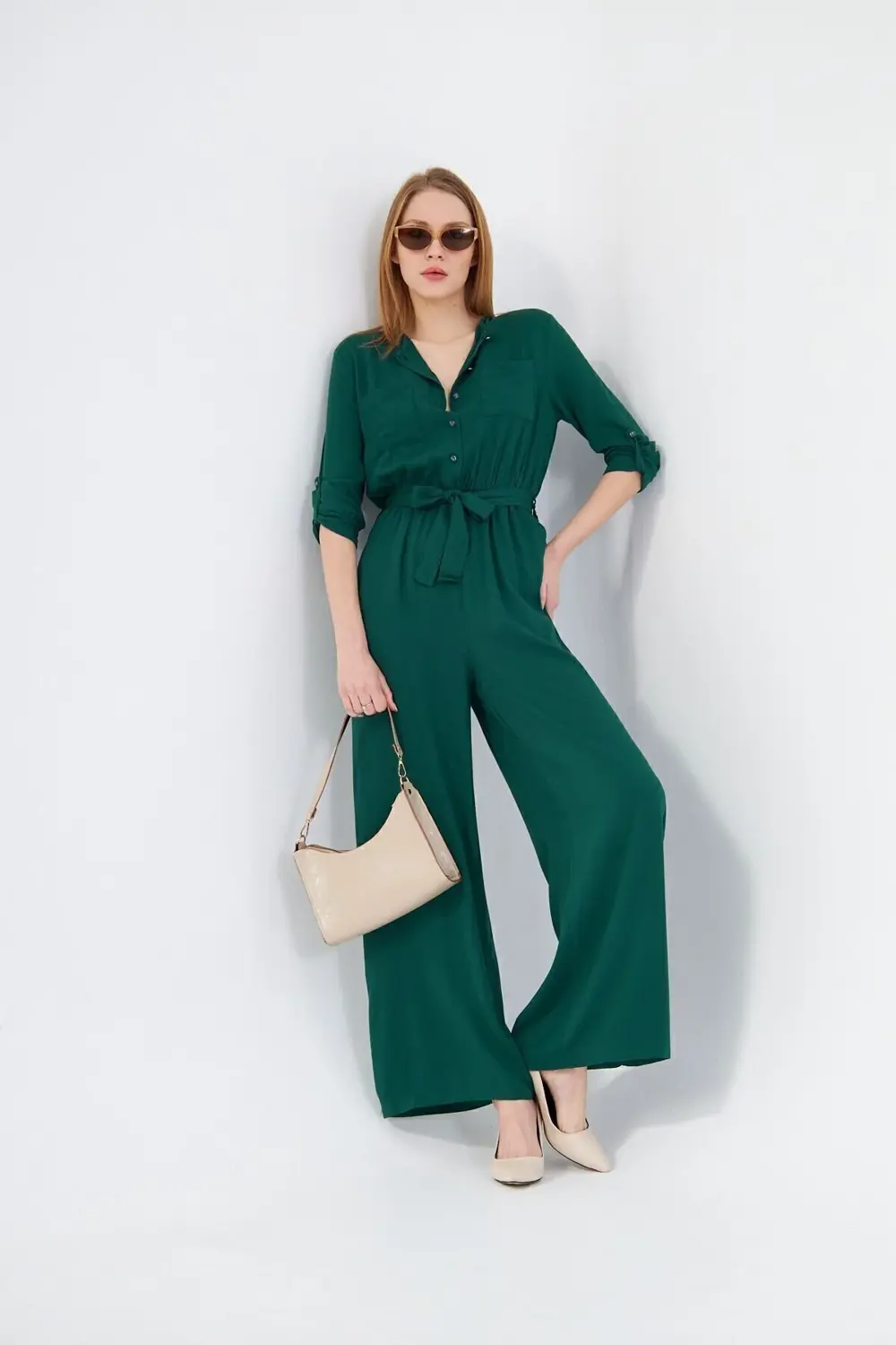 Kadın Mavi Cepli Beli Lastikli Kemerli Uzun Kollu Yuvarlak Yaka D