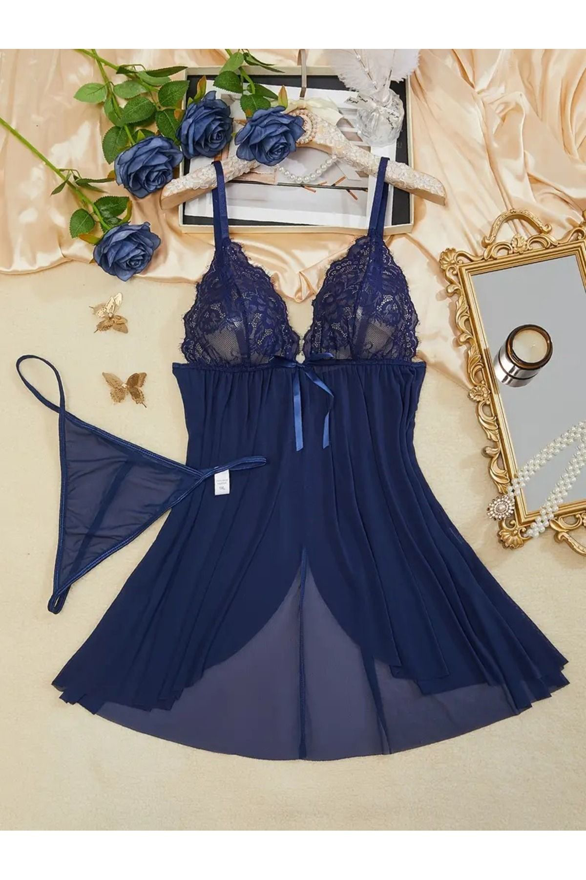 Kadın Mavi Dantel Detaylı Fırfırlı Fiyonklu Önü Yırtmaçlı Seksi Babydoll Tanga Ve Tül Gecelik