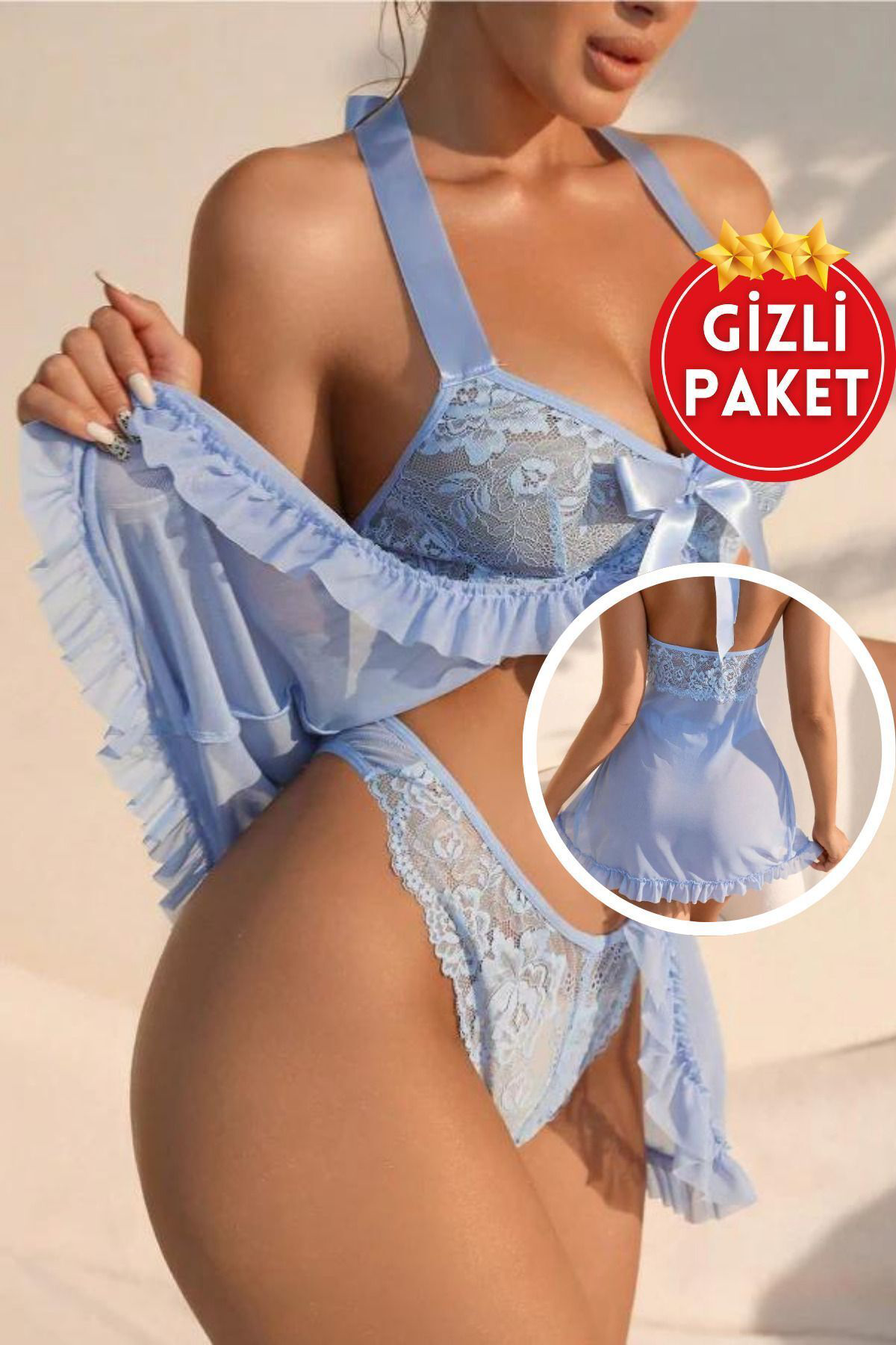Kadın Mavi Dantel Detaylı Fırfırlı Fiyonklu Seksi Babydoll Tanga ve Tül Gecelik