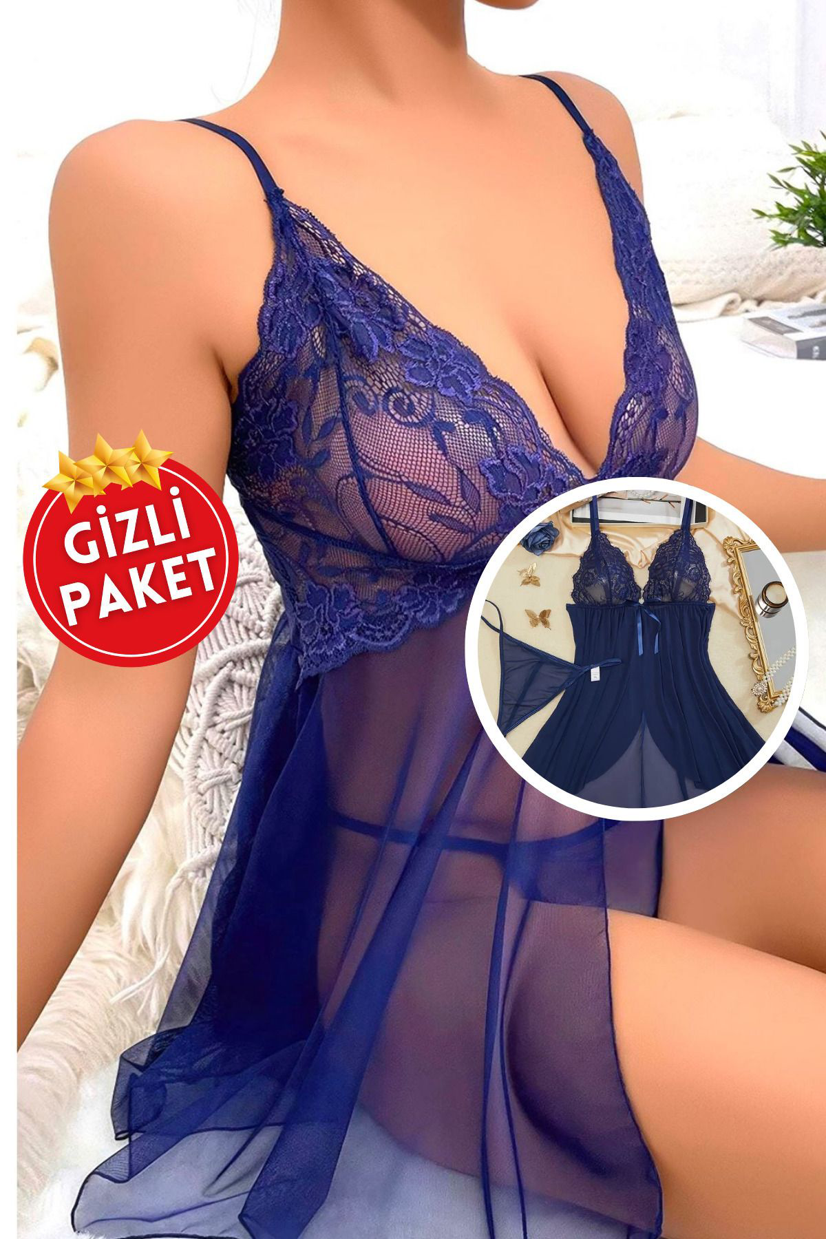 Kadın Mavi Dantel Detaylı Fırfırlı Fiyonklu Önü Yırtmaçlı Seksi Babydoll Tanga Ve Tül Gecelik