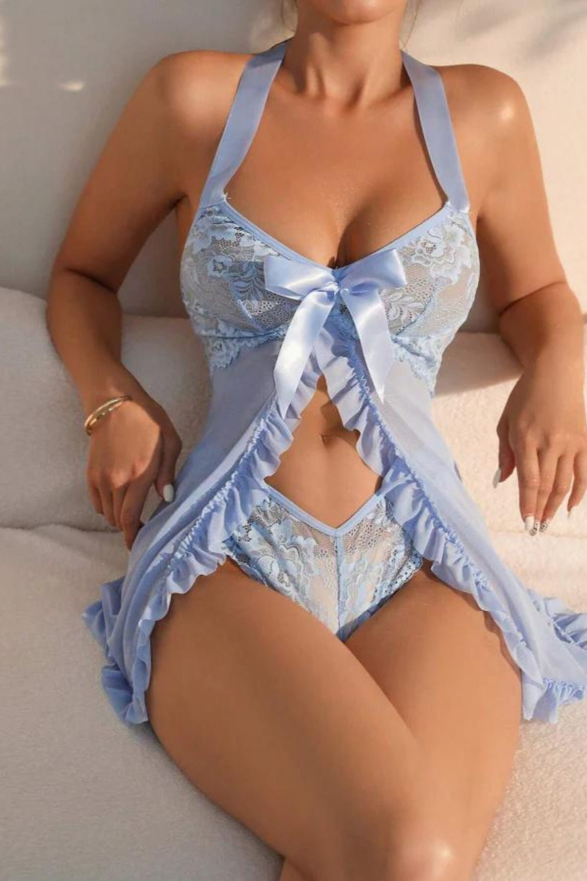 Kadın Mavi Dantel Detaylı Fırfırlı Fiyonklu Seksi Babydoll Tanga ve Tül Gecelik