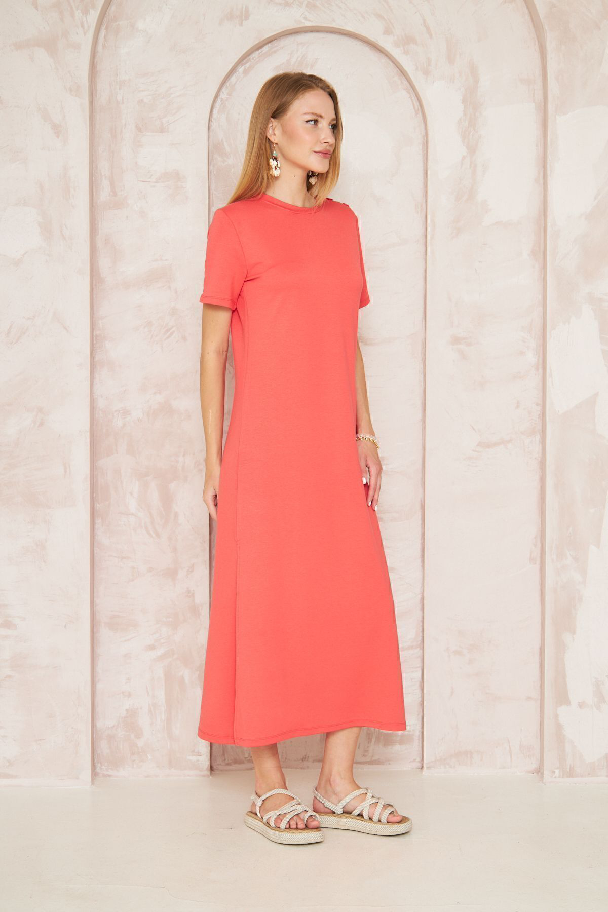 Pasaklı Giyim Kadın Mercan Kısa Kollu Tam Boy Giy Çık Basic Elbise / Omzu Düğme