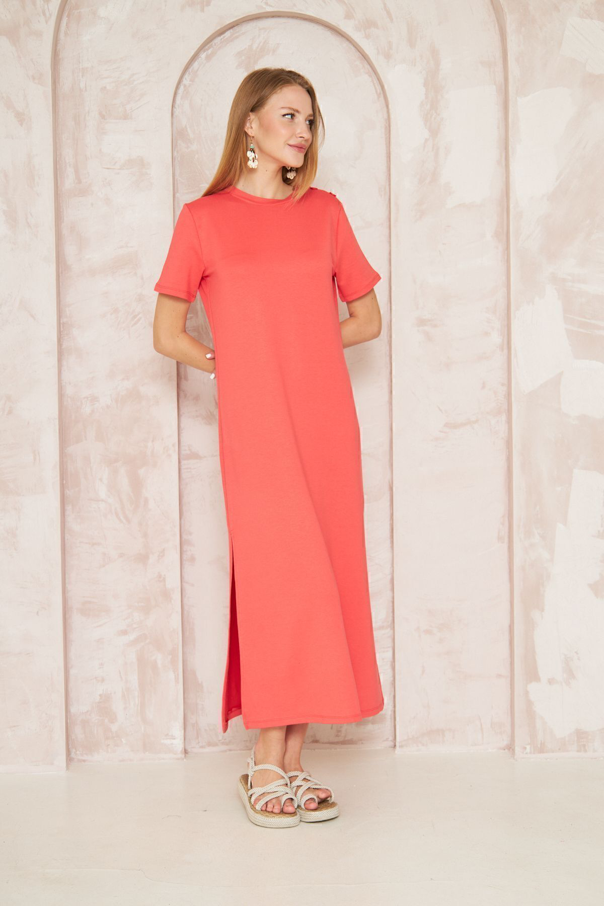 Pasaklı Giyim Kadın Mercan Kısa Kollu Tam Boy Giy Çık Basic Elbise / Omzu Düğme