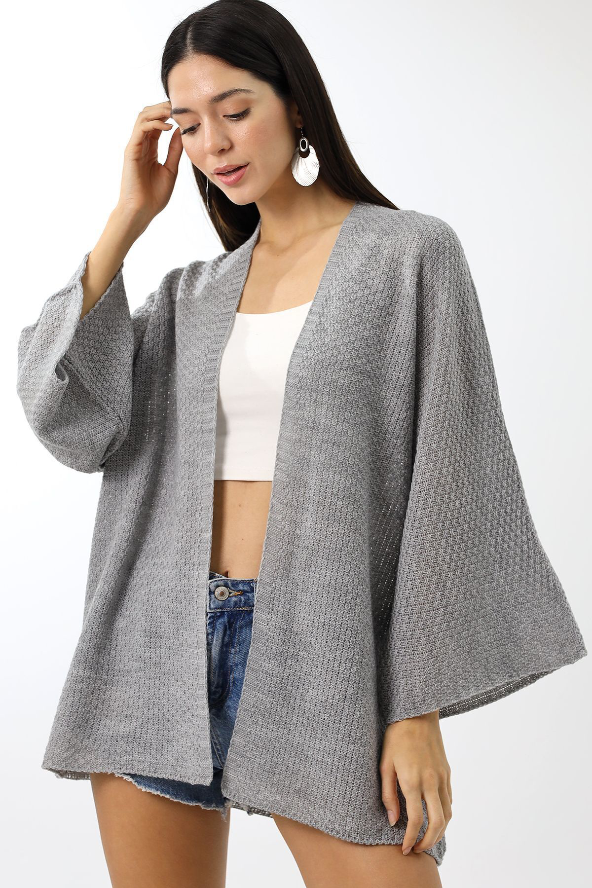 Dreamlike Kadın Mevsimlik Ajurlu Panço Hırka Açık Gri