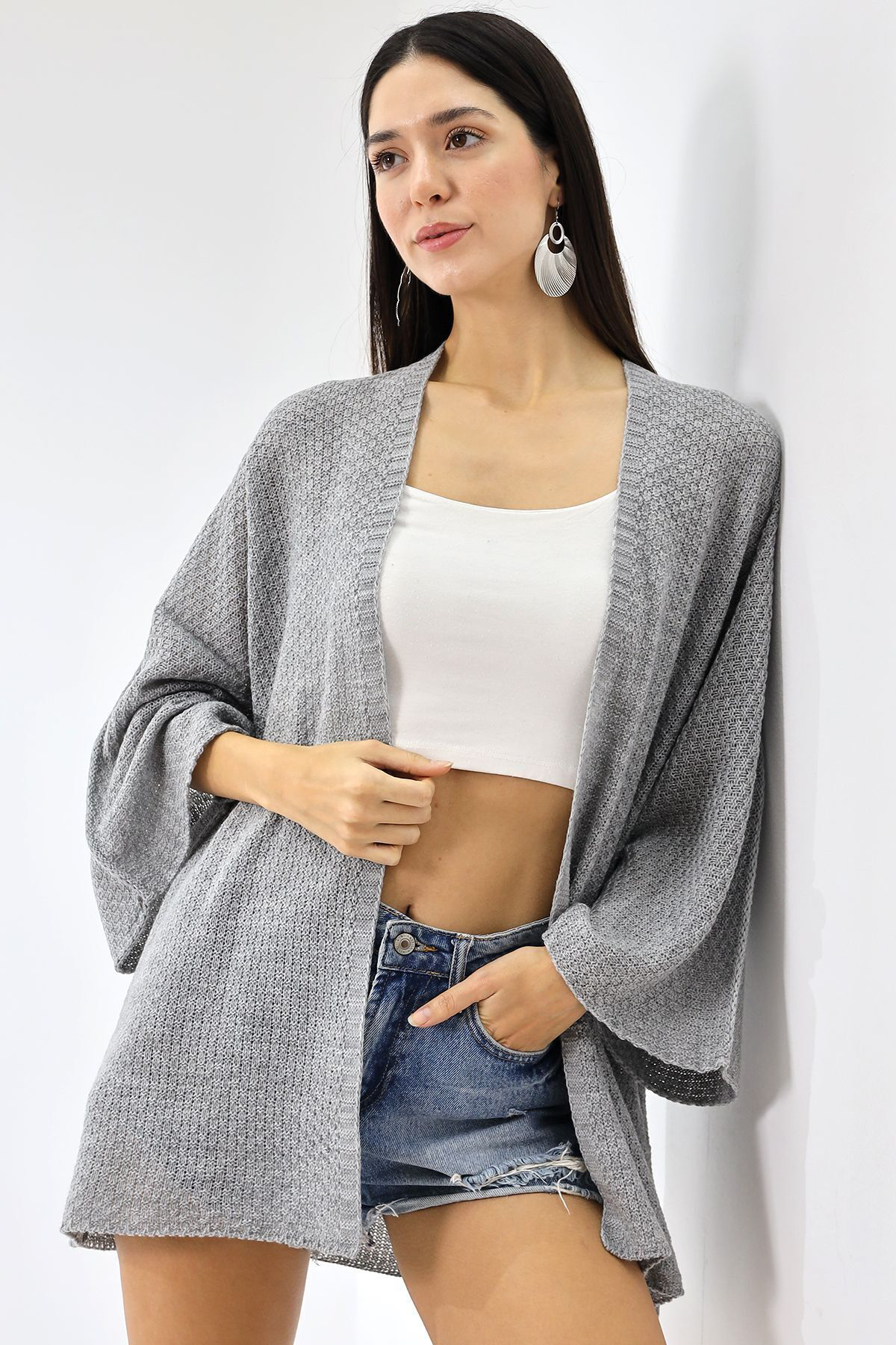 Dreamlike Kadın Mevsimlik Ajurlu Panço Hırka Açık Gri