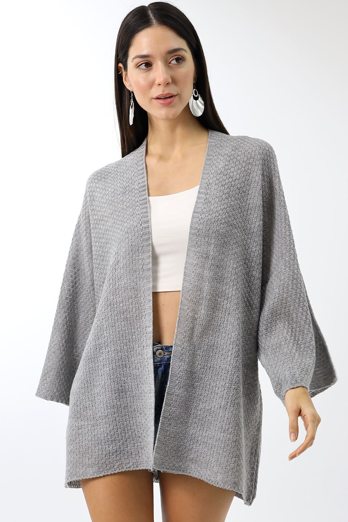 Dreamlike Kadın Mevsimlik Ajurlu Panço Hırka Açık Gri