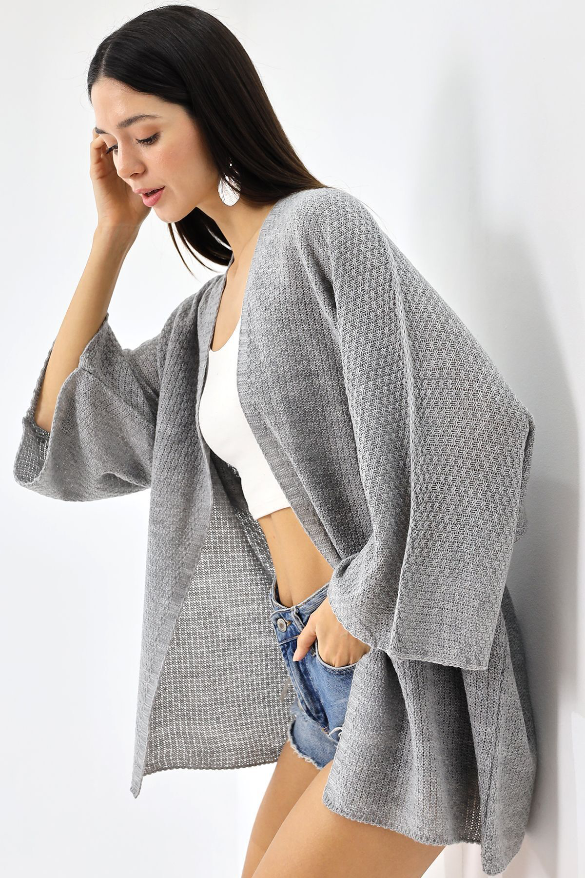 Dreamlike Kadın Mevsimlik Ajurlu Panço Hırka Açık Gri