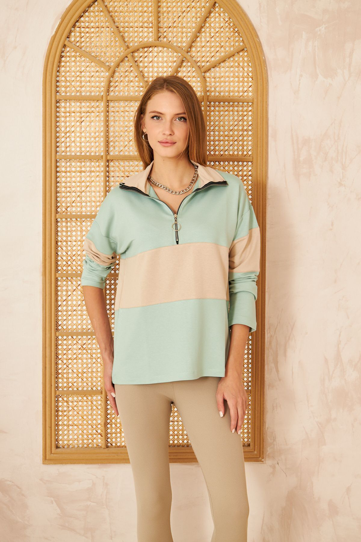 Kadın Mint Bej Uzun Kol Fermuarlı Polo Yaka Color Block Basic Sal
